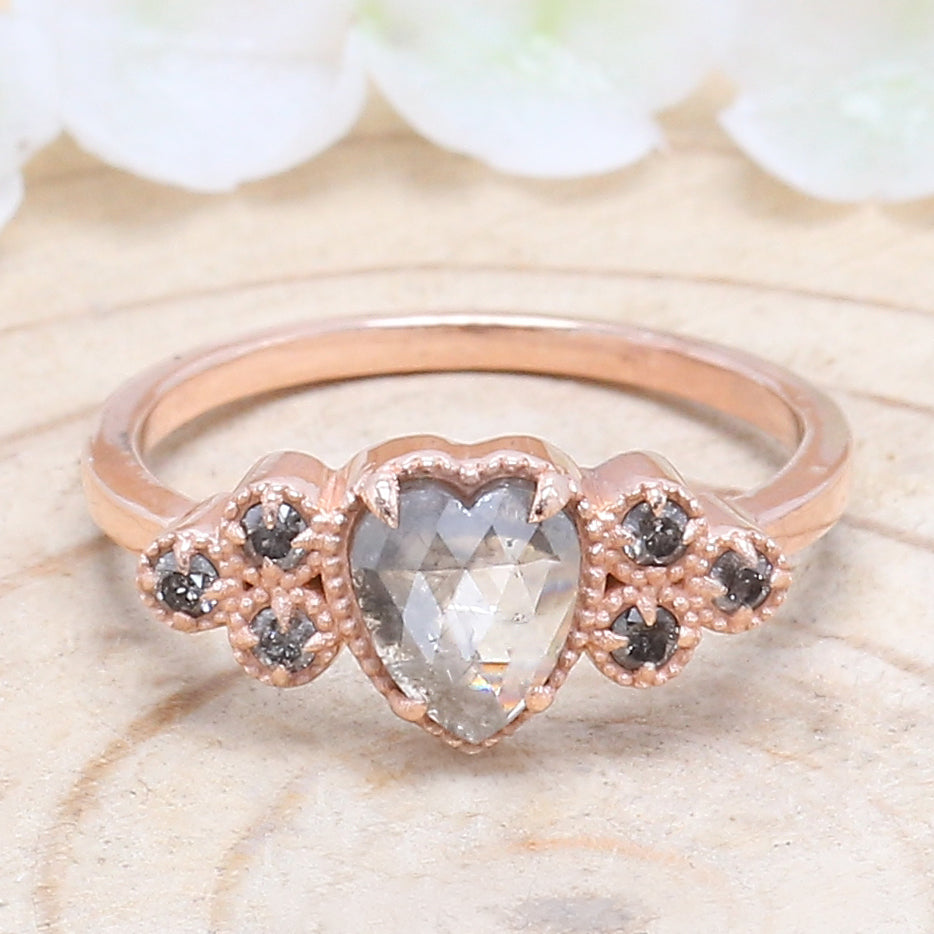 Heart Salt And Pepper Diamond Ring 0.65 Ct 6.65 MM Heart Shape Diamond Ring 14K Solid Rose Gold Silver Engagement Ring Gift For Her QL1627