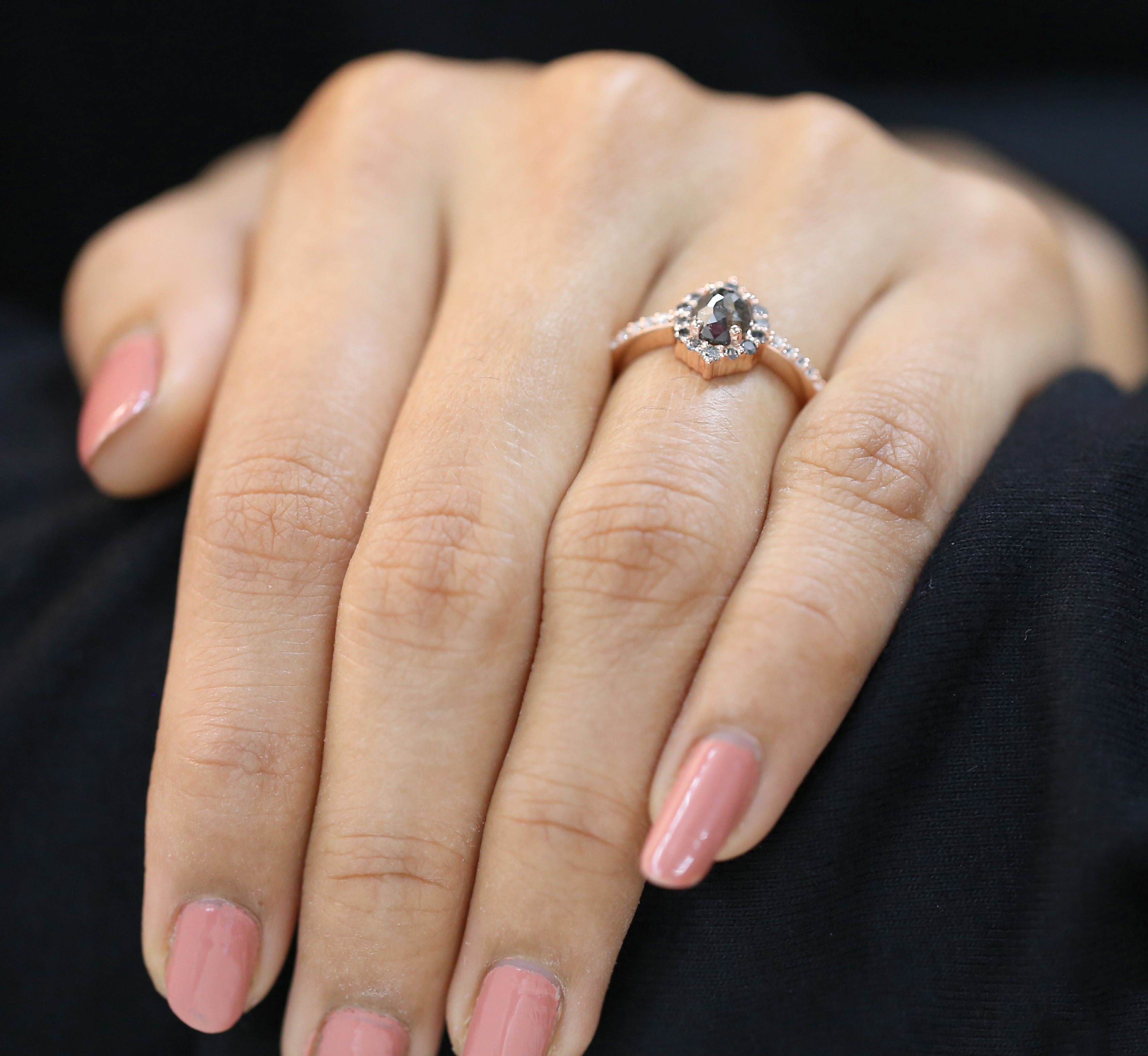 Oval Cut Salt And Pepper Diamond Ring 0.93 Ct 6.05 MM Oval Shape Diamond Ring 14K Solid Rose Gold Silver Engagement Ring Gift For Her QN2522