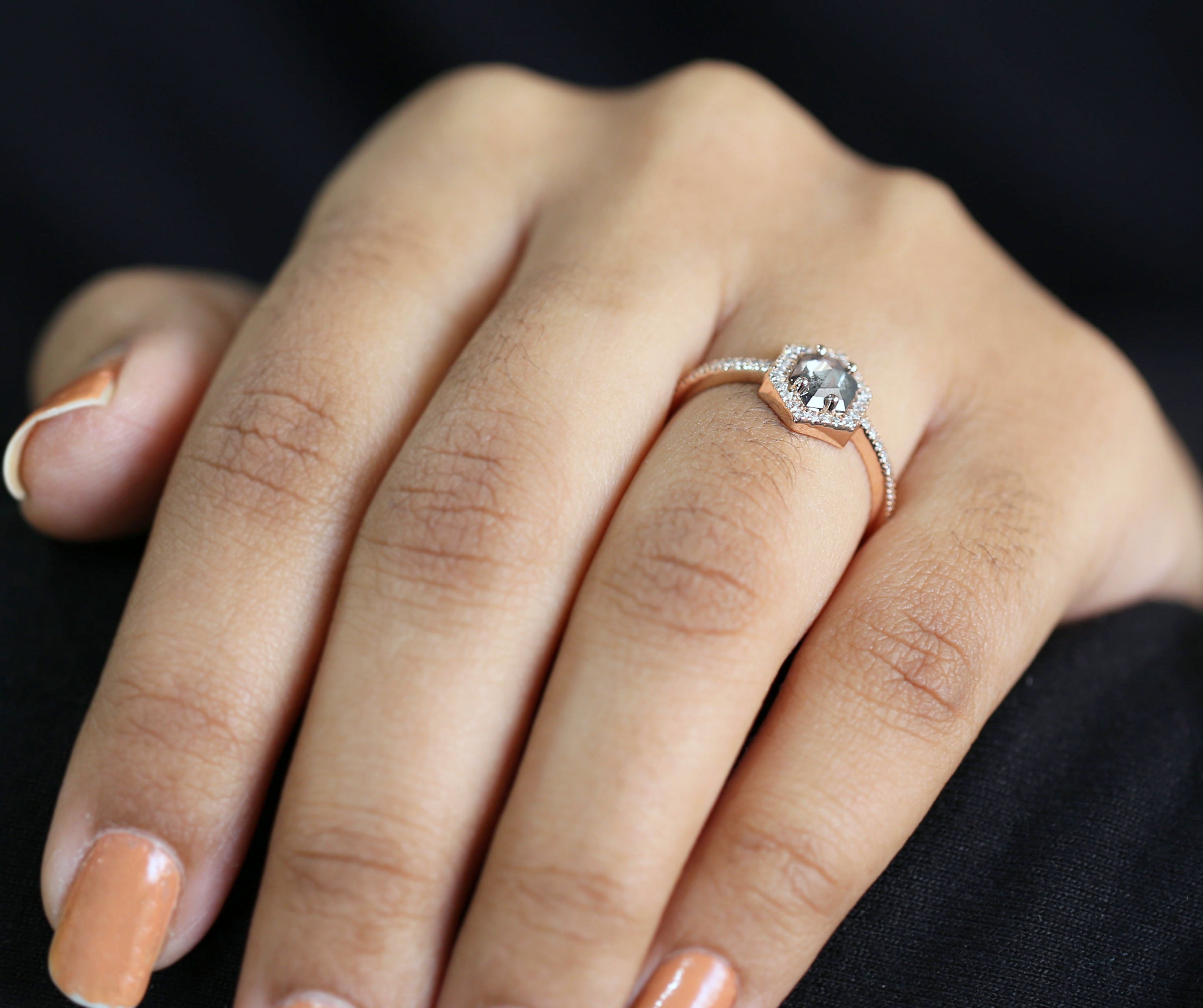 Hexagon Cut Salt And Pepper Diamond Ring 0.45 Ct 7.15 MM Hexagon Diamond Ring 14K Solid Rose Gold Silver Engagement Ring Gift For Her QL3132