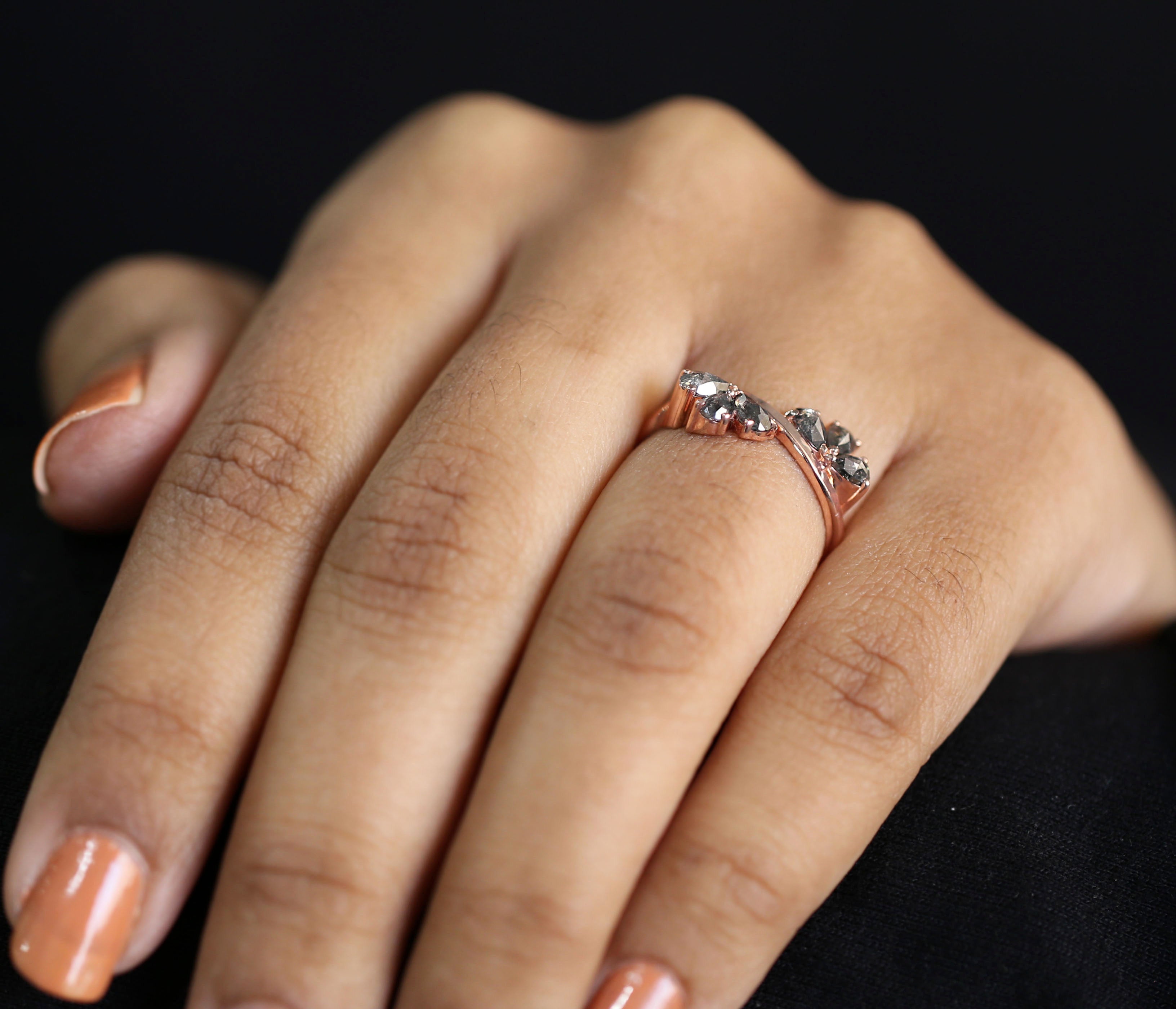 Pear Cut Salt And Pepper Diamond Ring 0.82 Ct 4.55 MM Pear Diamond Ring 14K Solid Rose Gold Silver Pear Engagement Ring Gift For Her QLB1311