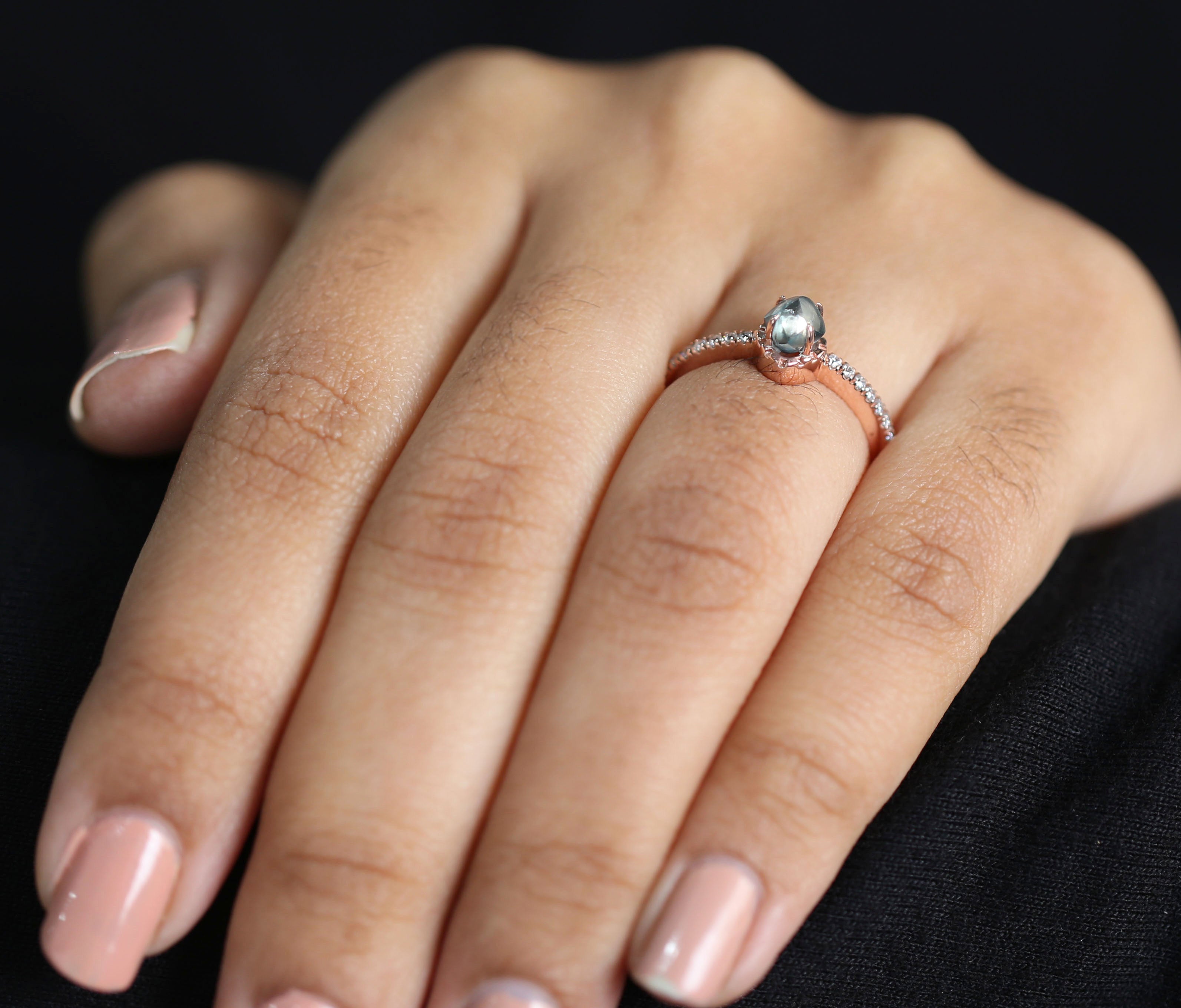 Rough Blue Color Diamond Ring 0.79 Ct 5.43 MM Crystal Rough Diamond Ring 14K Solid Rose Gold Silver Engagement Ring Gift For Her QL2225