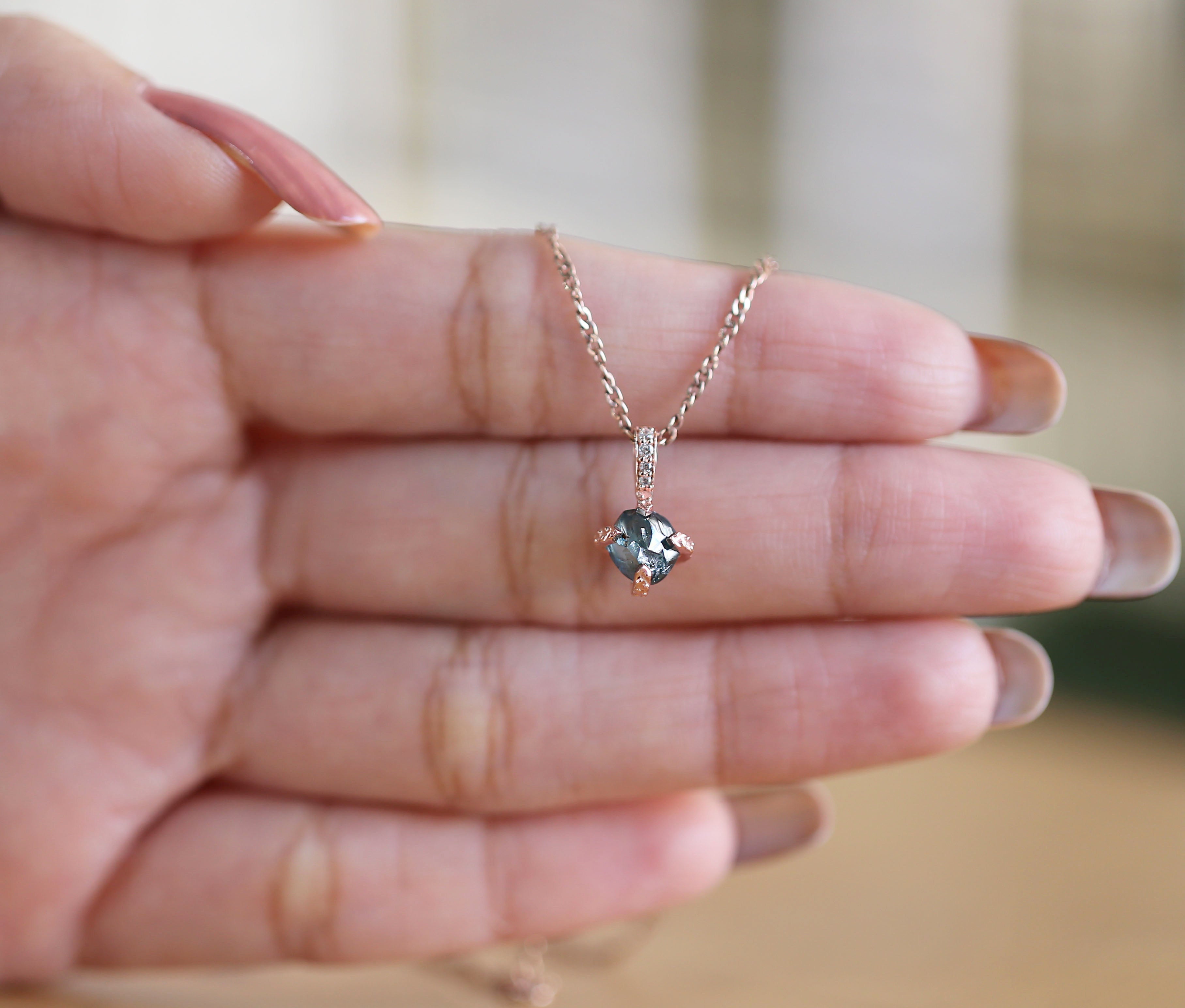 Rough Blue Color Diamond Pendant 1.36 Ct 6.31 MM Uncut Diamond Pendant 14K Solid Rose Gold Silver Engagement Pendant Gift For Her QL2343