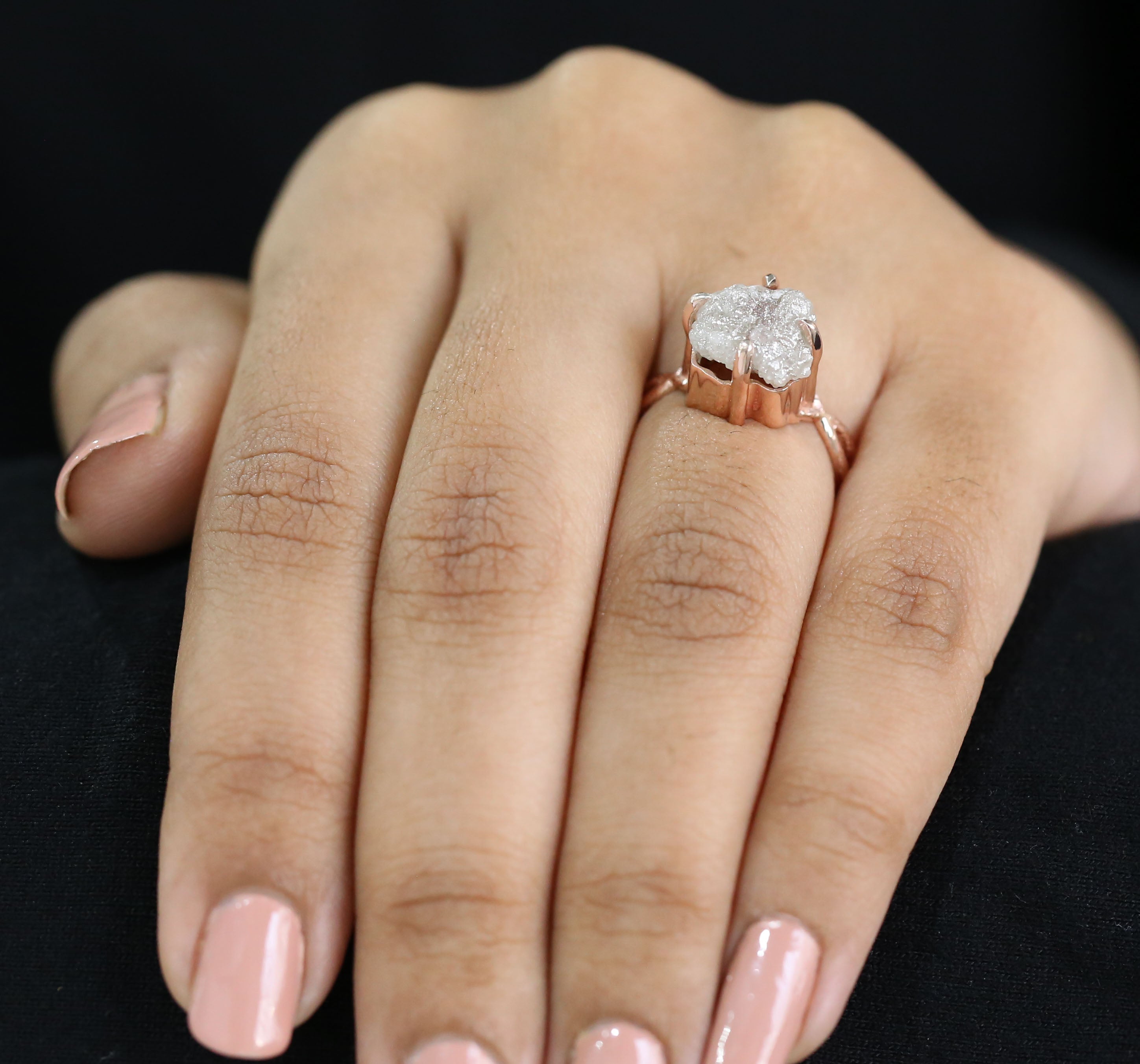 Rough Grey Color Diamond Ring 4.42 Ct 9.90 MM Crystal Rough Diamond Ring 14K Solid Rose Gold Silver Engagement Ring Gift For Her QN9754