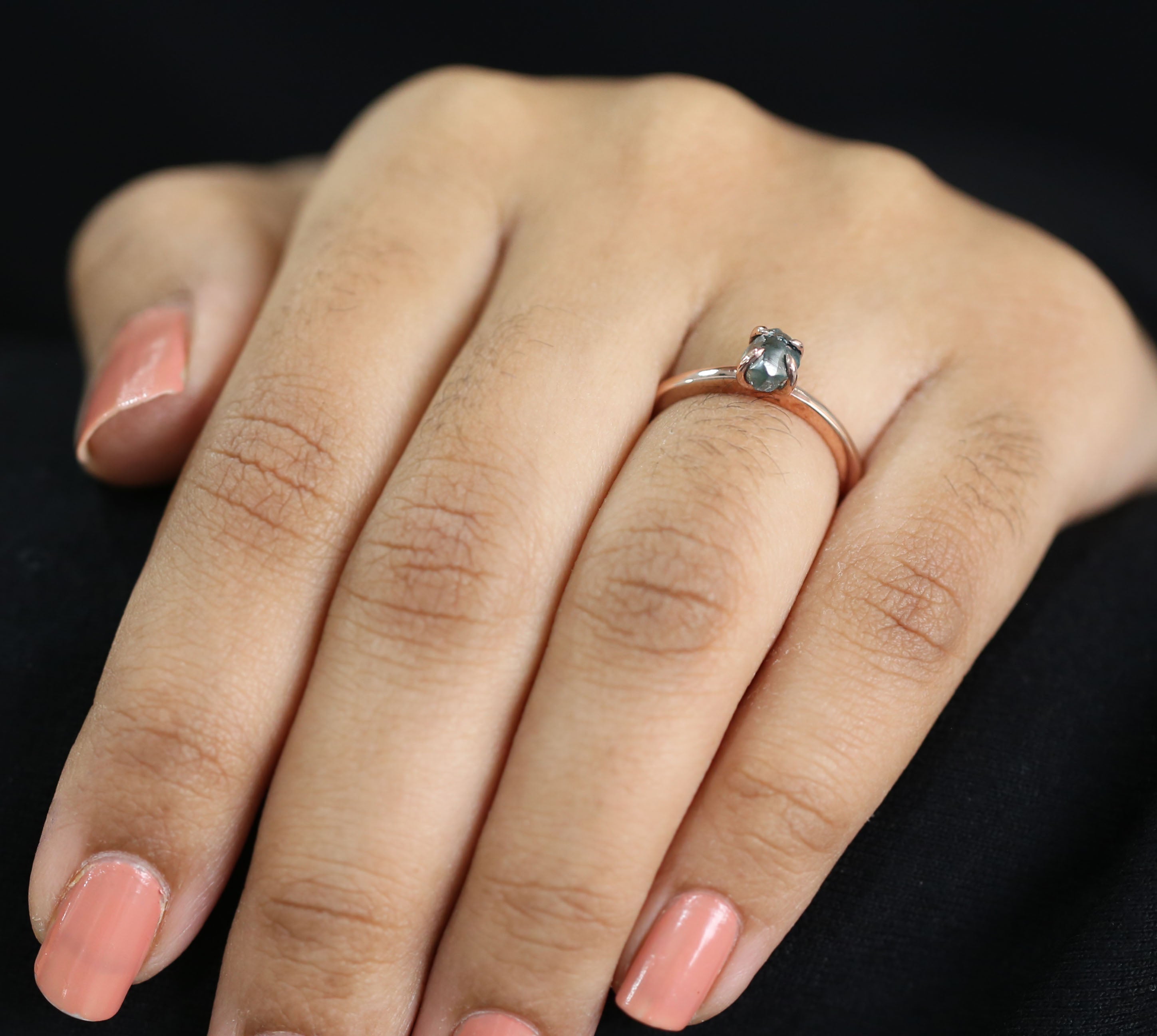 Rough Blue Color Diamond Ring 0.83 Ct 6.65 MM Crystal Rough Diamond Ring 14K Solid Rose Gold Silver Engagement Ring Gift For Her QL2224