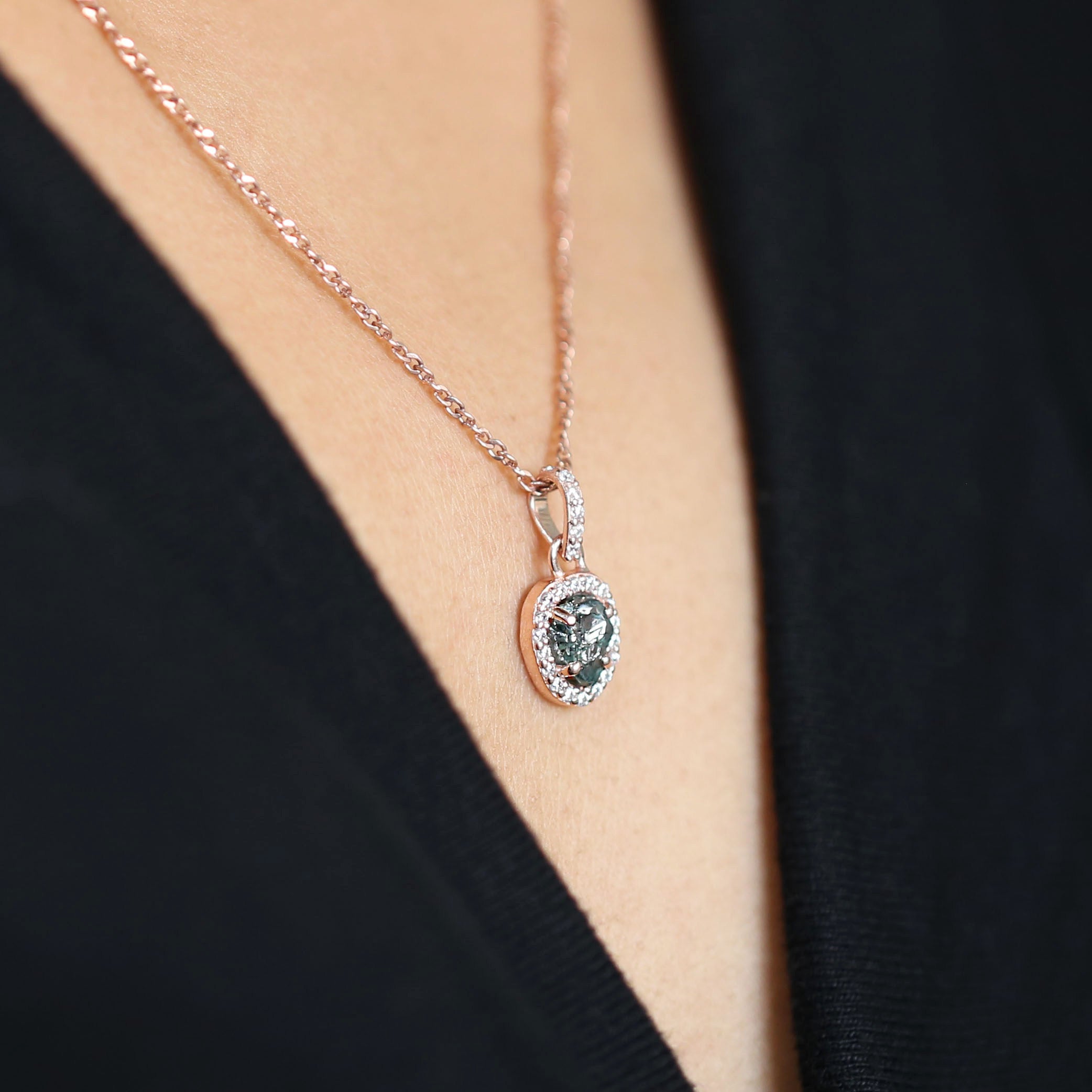 Rough Blue Color Diamond Pendant 1.04 Ct 6.61 MM Uncut Diamond Pendant 14K Solid Rose Gold Silver Engagement Pendant Gift For Her QL2256