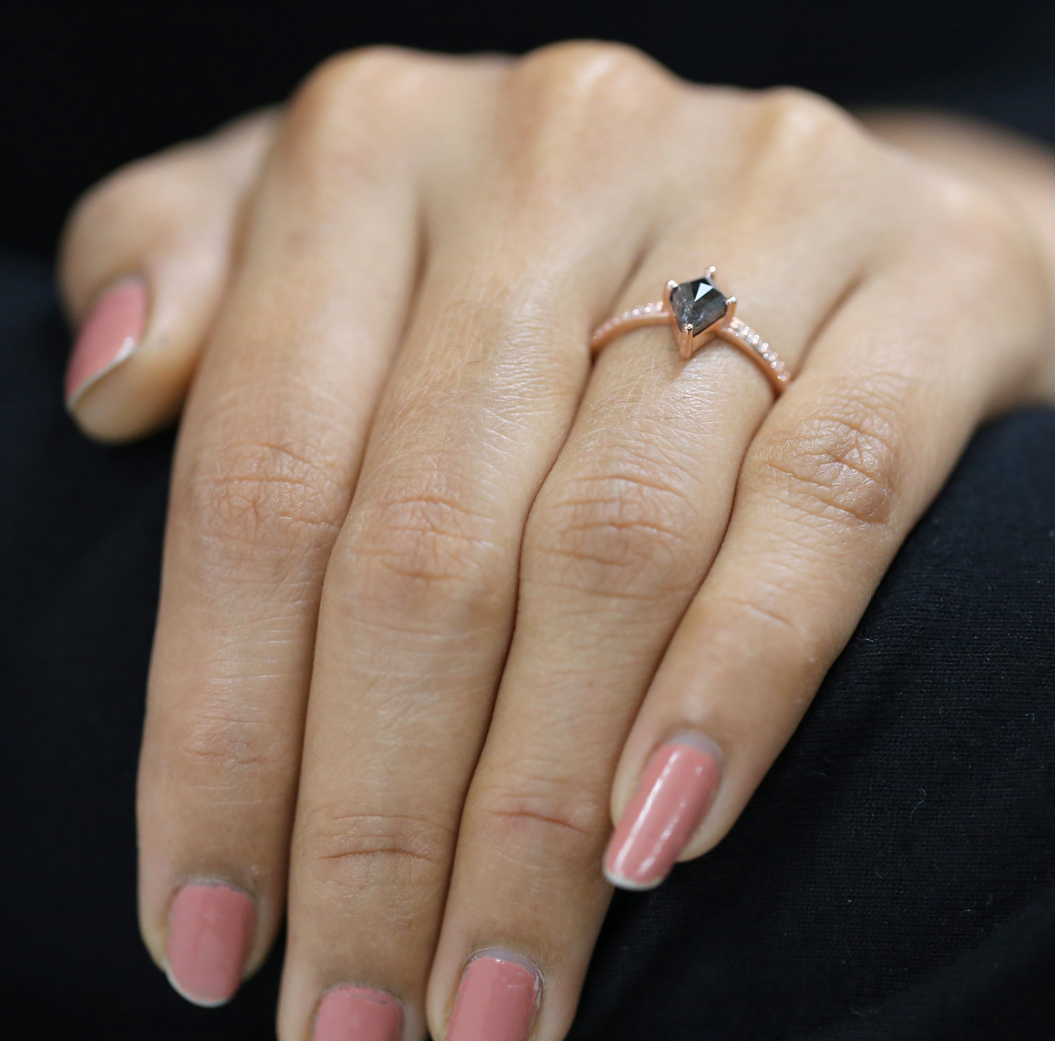 Kite Cut Salt And Pepper Diamond Ring 0.77 Ct 8.15 MM Kite Diamond Ring 14K Solid Rose Gold Silver Kite Engagement Ring Gift For Her QN2521