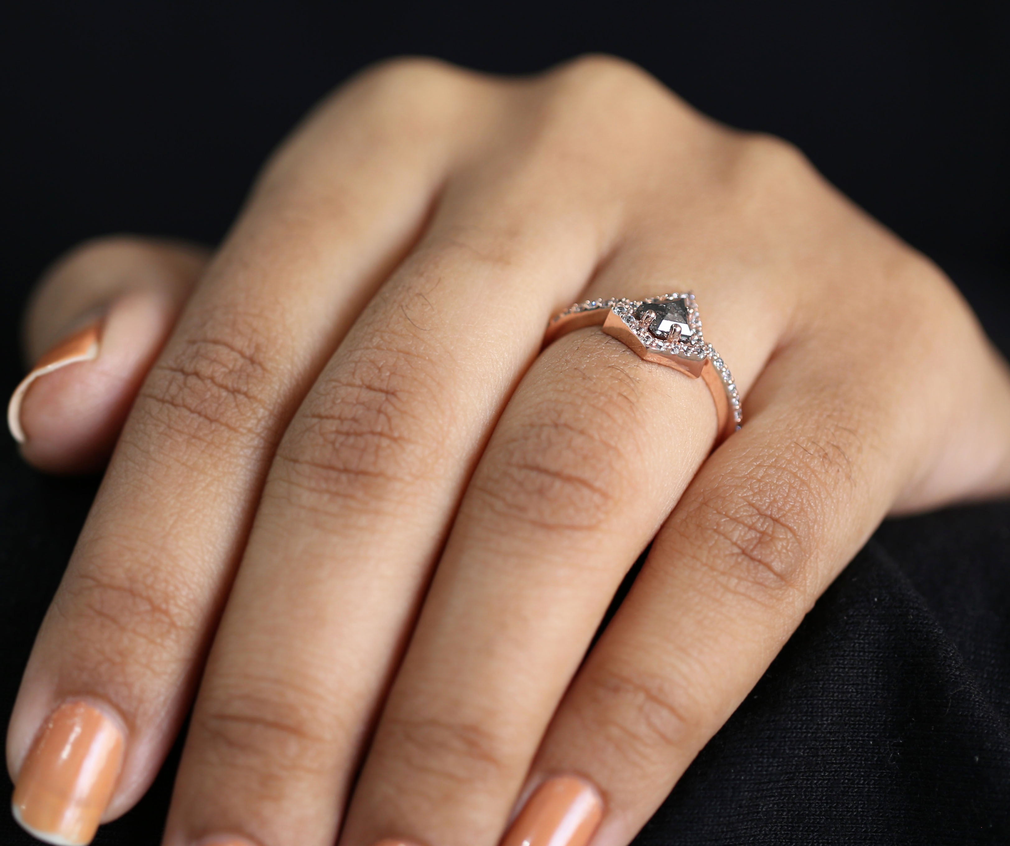 Kite Cut Salt And Pepper Diamond Ring 0.53 Ct 6.30 MM Kite Diamond Ring 14K Solid Rose Gold Silver Kite Engagement Ring Gift For Her QL3131