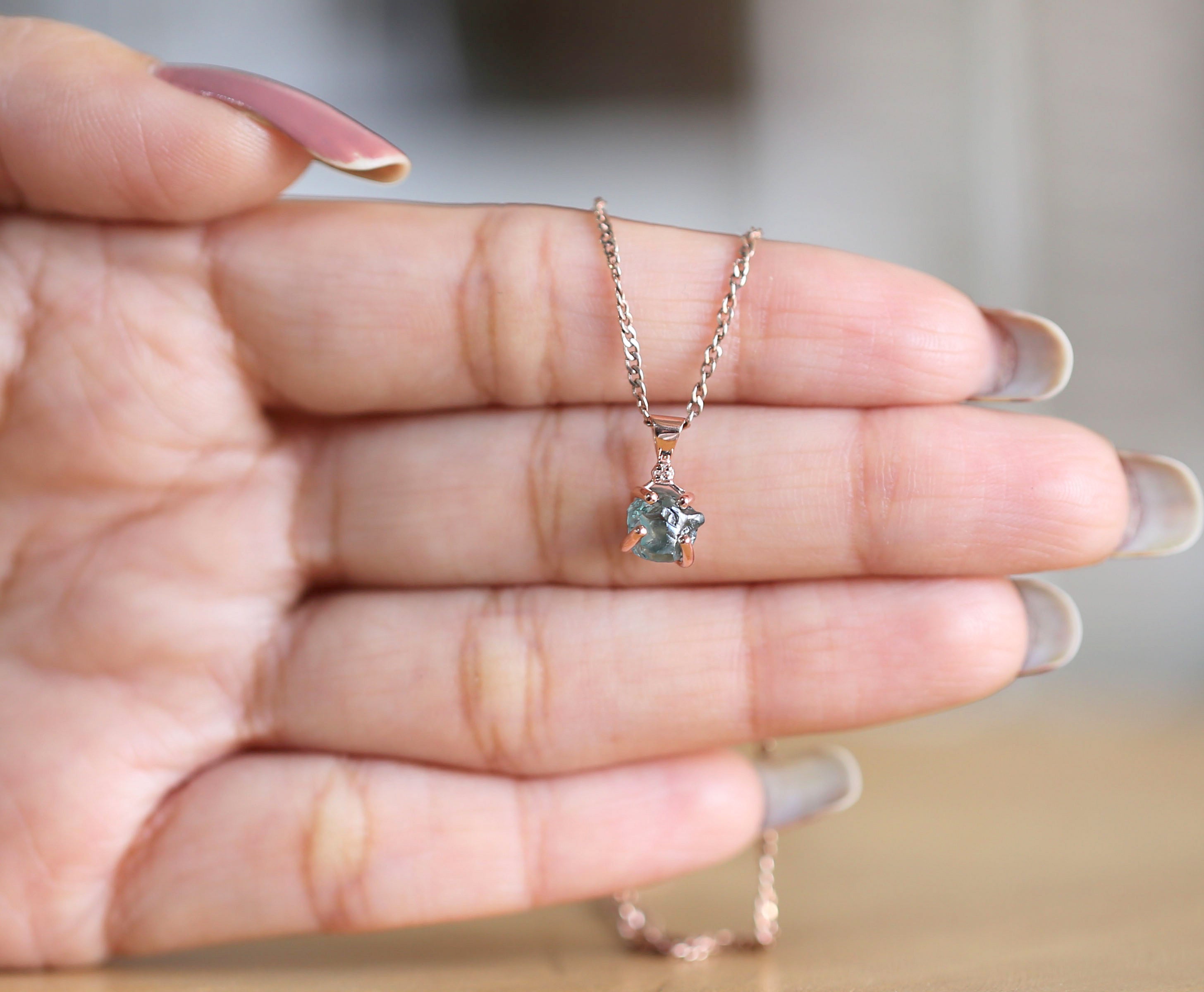 Rough Blue Color Diamond Pendant 1.48 Ct 6.85 MM Uncut Rough Pendant 14K Solid Rose Gold Silver Engagement Pendant Gift For Her QL2348