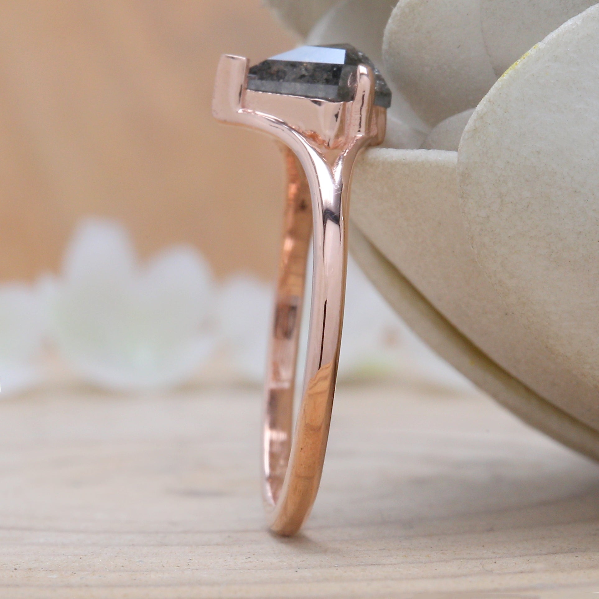 Shield Salt And Pepper Diamond Ring 0.88 Ct 7.20 MM Shield Shape Diamond Ring 14K Solid Rose Gold Silver Engagement Ring Gift For Her QN9205