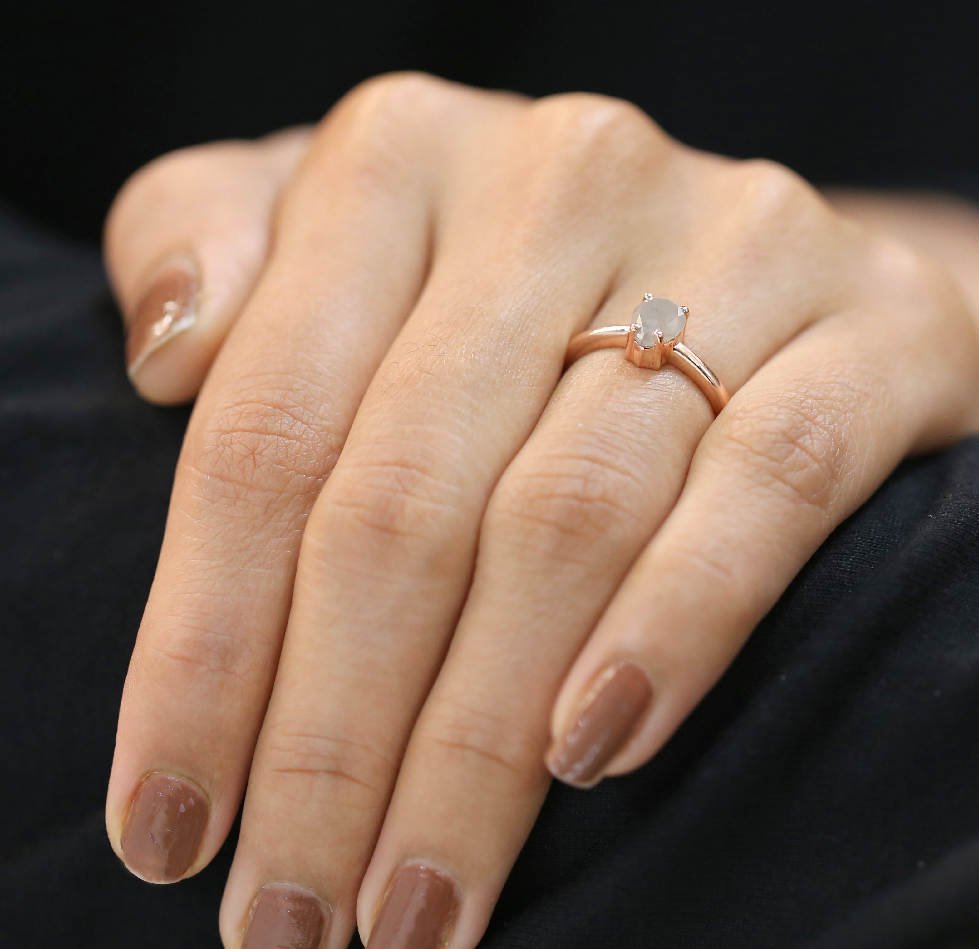 Oval Cut Grey Color Diamond Ring 0.57 Ct 5.50 MM Oval Shape Diamond Ring 14K Solid Rose Gold Silver Oval Engagement Ring Gift For Her QL5971