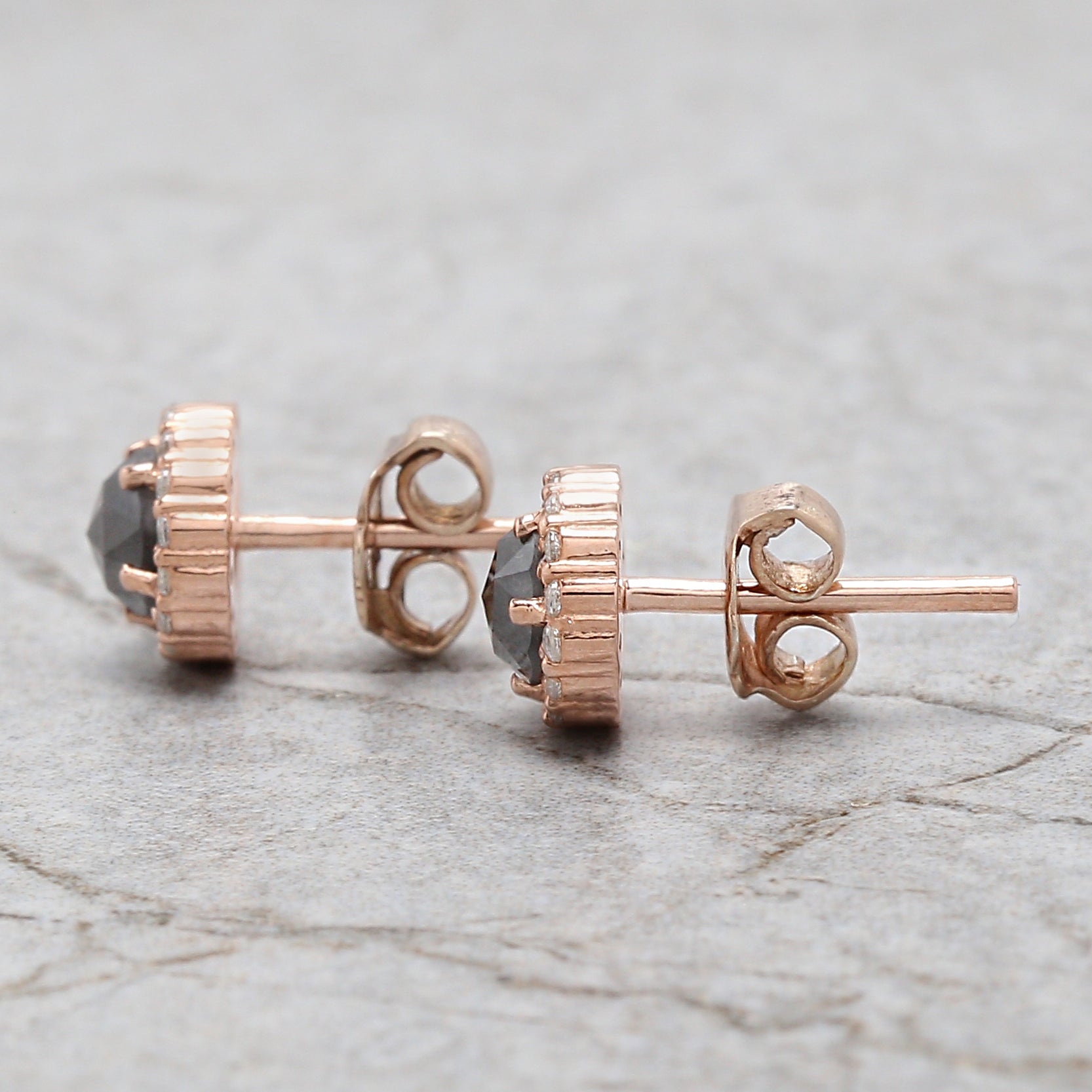 Round Rose Cut Salt And Pepper Diamond Earring 0.78 Ct 4.30 MM Round Diamond Earring 14K Solid Rose Gold Silver Engagement Earring QN1791