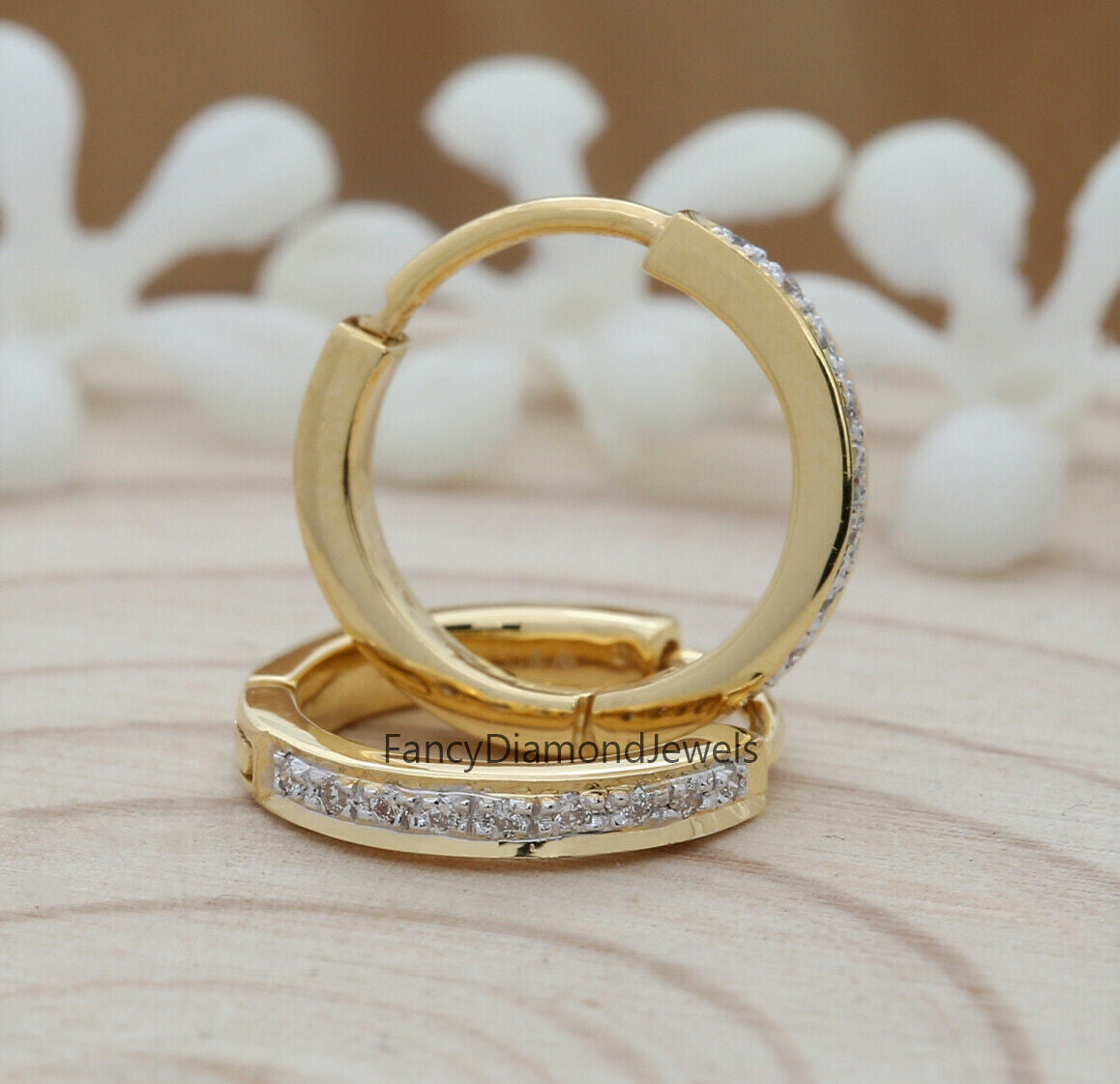 Natural White Round Diamond Earring 14K Yellow Gold Hoop Earring Valentine Gift KD900