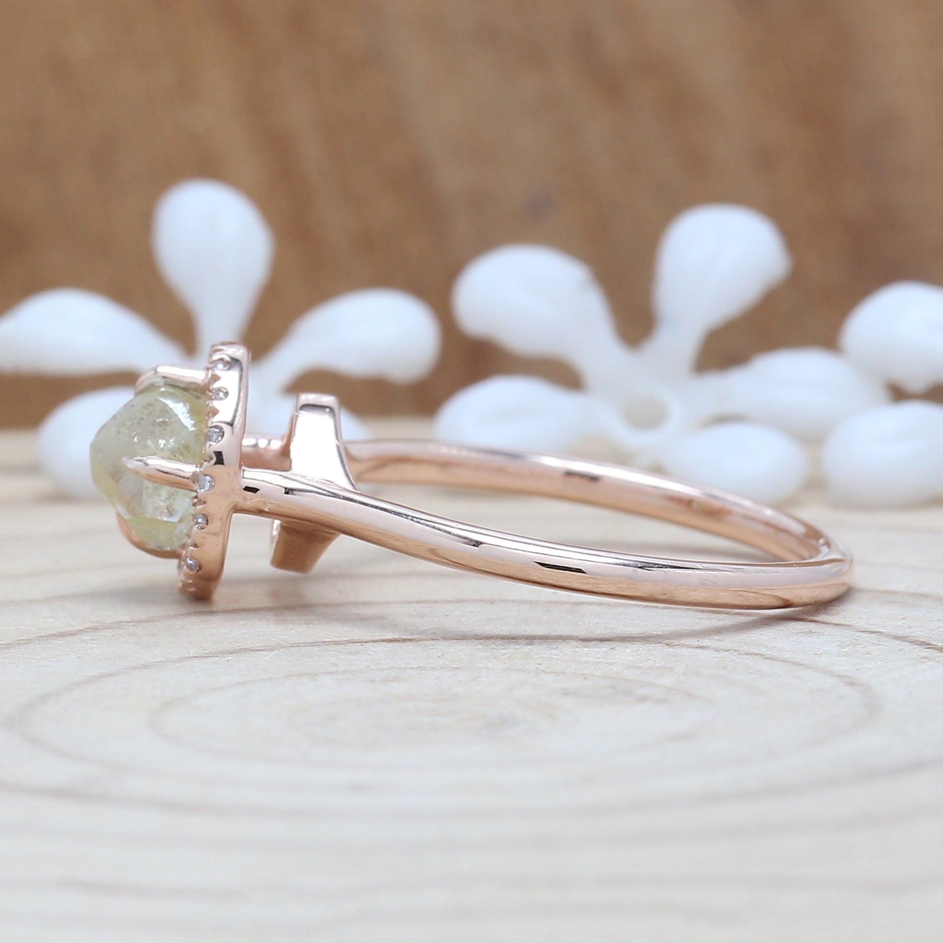 Rough Yellow Color Diamond Ring 0.98 Ct 5.40 MM Crystal Rough Diamond Ring 14K Solid Rose Gold Silver Engagement Ring Gift For Her QN2528