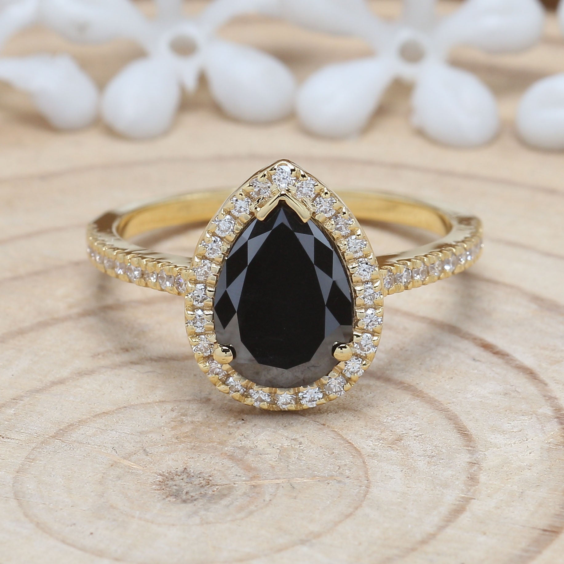 2.00 CT Black Diamond Ring, Pear Cut Diamond Ring, Engagement Ring, Rose Cut Diamond Ring, 14K Yellow Gold Ring, Wedding Ring, KD237