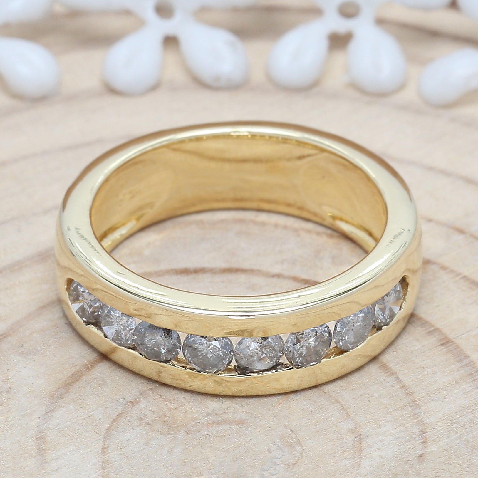 1.29 CT Salt And Pepper Band, Round Brilliant Cut Diamond Band, Engagement Band, 14K Yellow Gold Band, Wedding Band, KD924