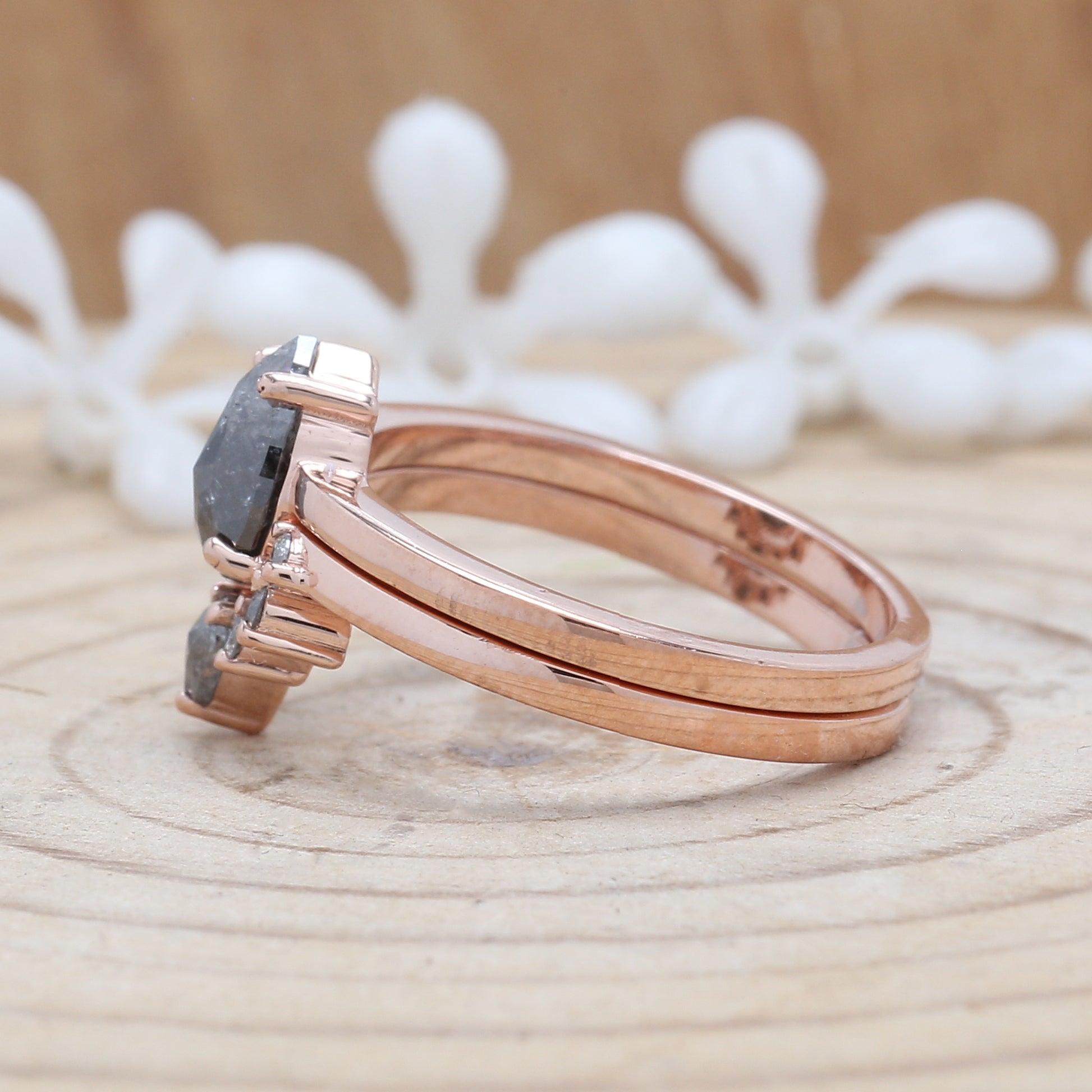 0.93 CT Salt And Pepper Diamond Ring, Pear Diamond Ring, Engagement Ring, 14K Rose Gold Ring, Rose Cut Ring, Wedding Gift For Her KDL680