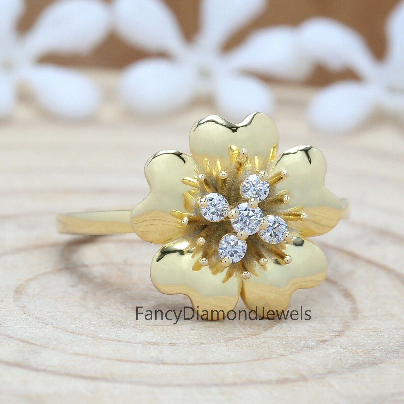 0.16 CT White Diamond Ring, Round Cut Diamond Ring, Glossy Gold Ring, Engagement Ring, 14K Yellow Gold Ring, Wedding Ring KD920