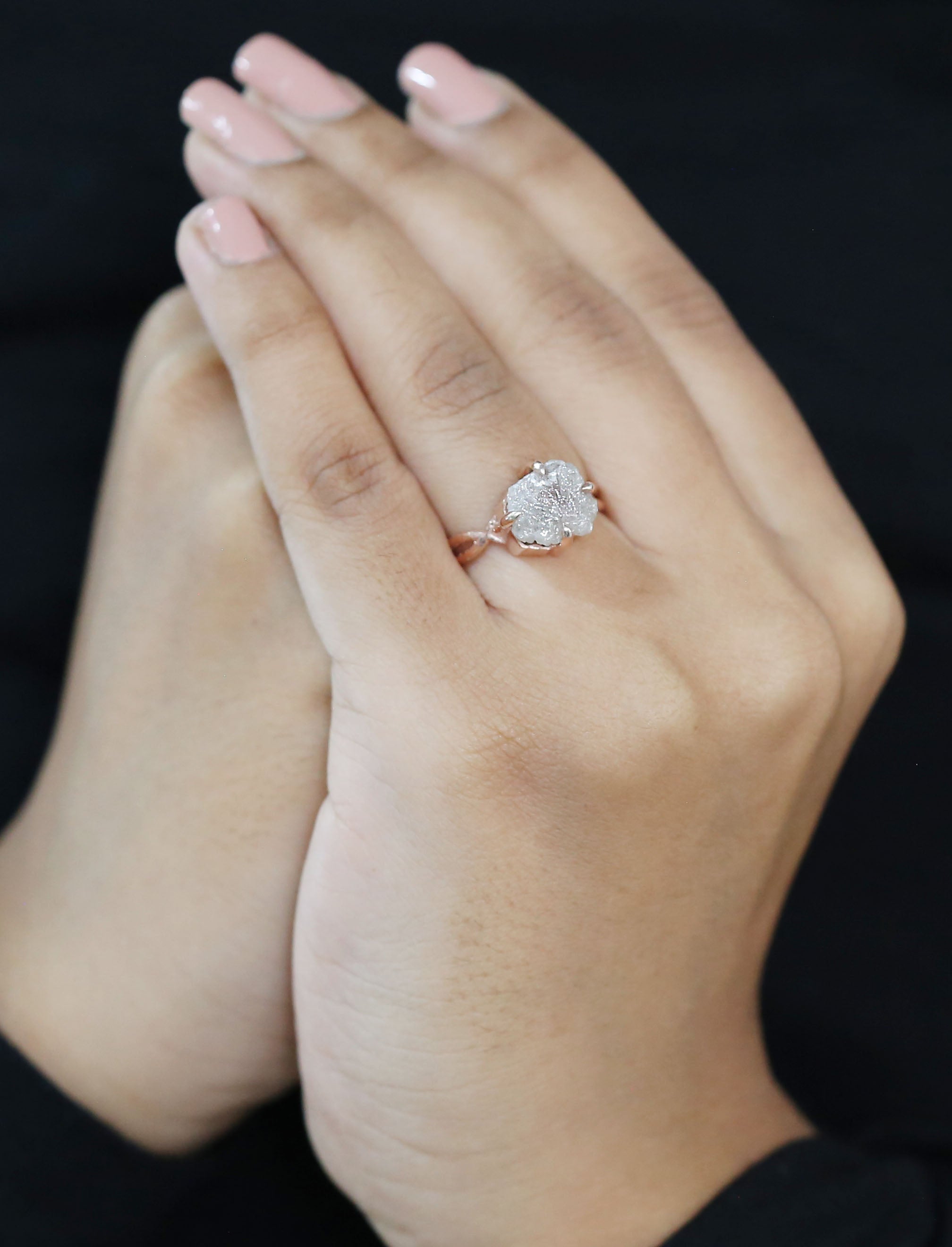 Rough Grey Color Diamond Ring 4.42 Ct 9.90 MM Crystal Rough Diamond Ring 14K Solid Rose Gold Silver Engagement Ring Gift For Her QN9754