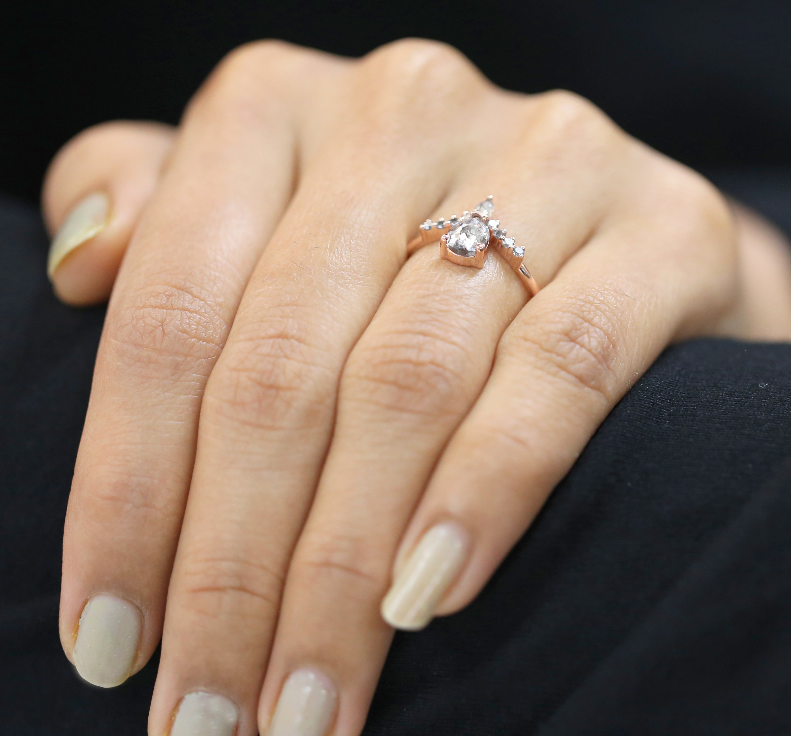 Pear Cut Salt And Pepper Diamond Ring 0.83 Ct 6.35 MM Pear Shape Diamond Ring 14K Solid Rose Gold Silver Engagement Ring Gift For Her QL8506