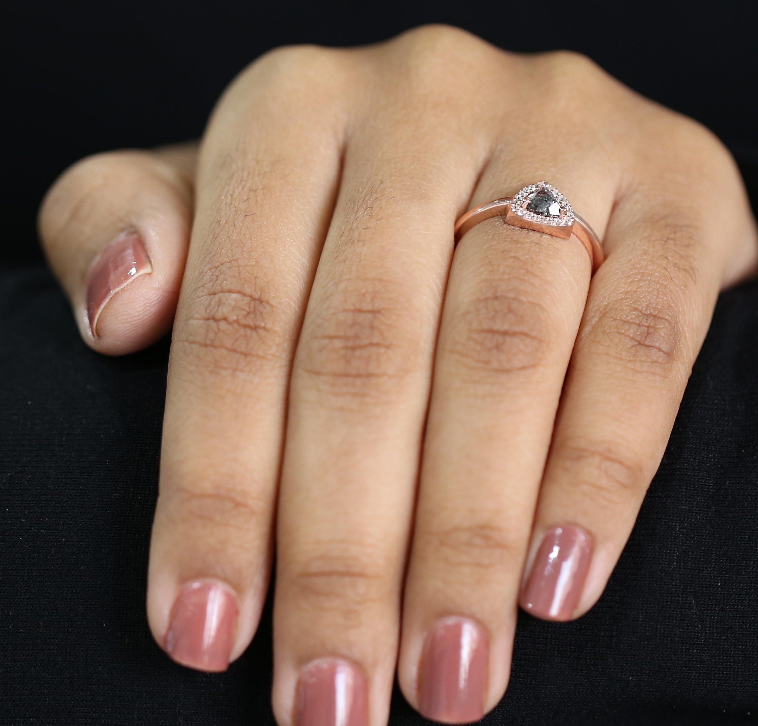 Triangle Cut Salt And Pepper Diamond Ring 0.49 Ct 4.85 MM Triangle Diamond Ring 14K Solid Rose Gold Engagement Ring Gift For Her QL3138