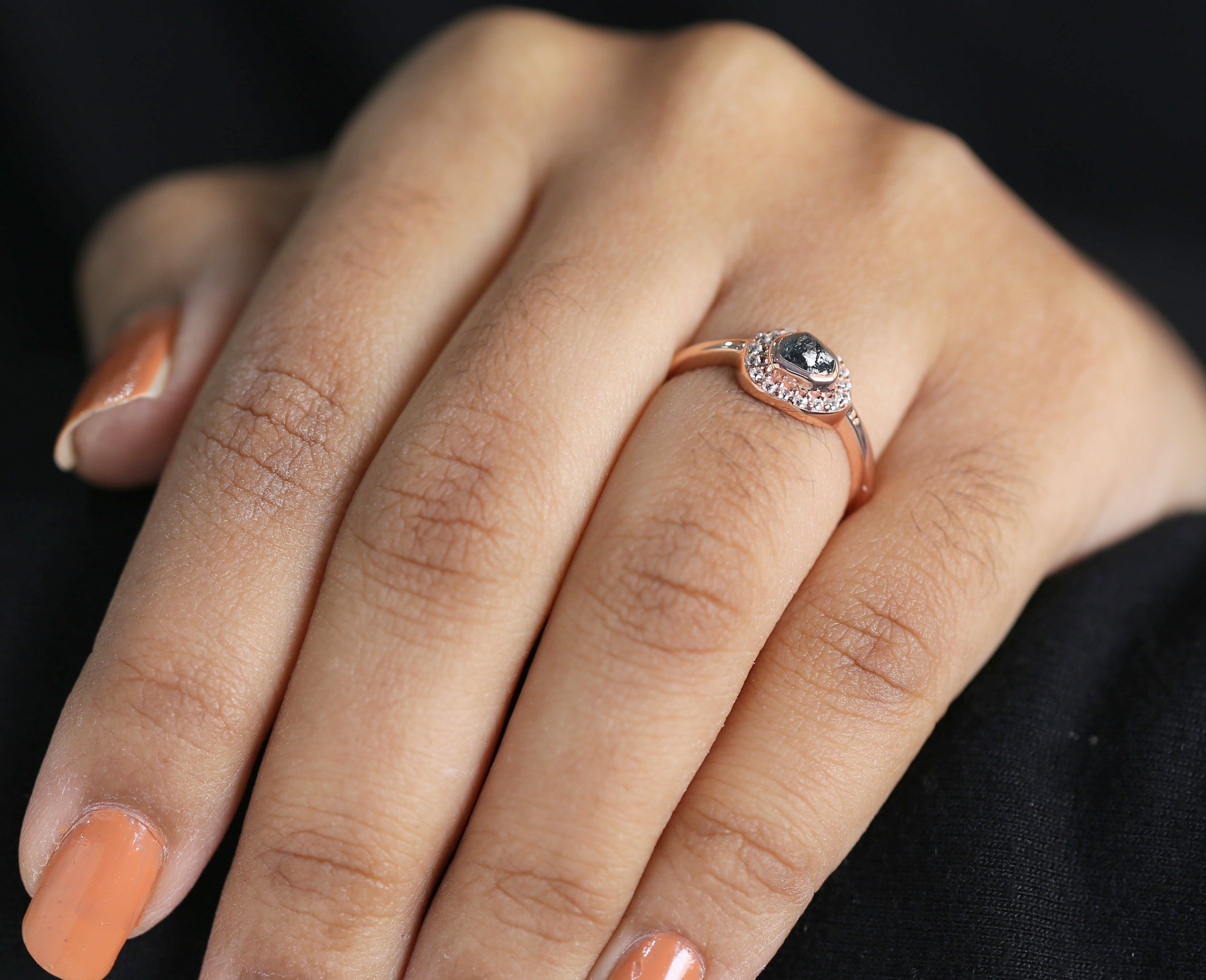 Rough Blue Color Diamond Ring 0.81 Ct 5.11 MM Crystal Rough Diamond Ring 14K Solid Rose Gold Silver Engagement Ring Gift For Her QK2519