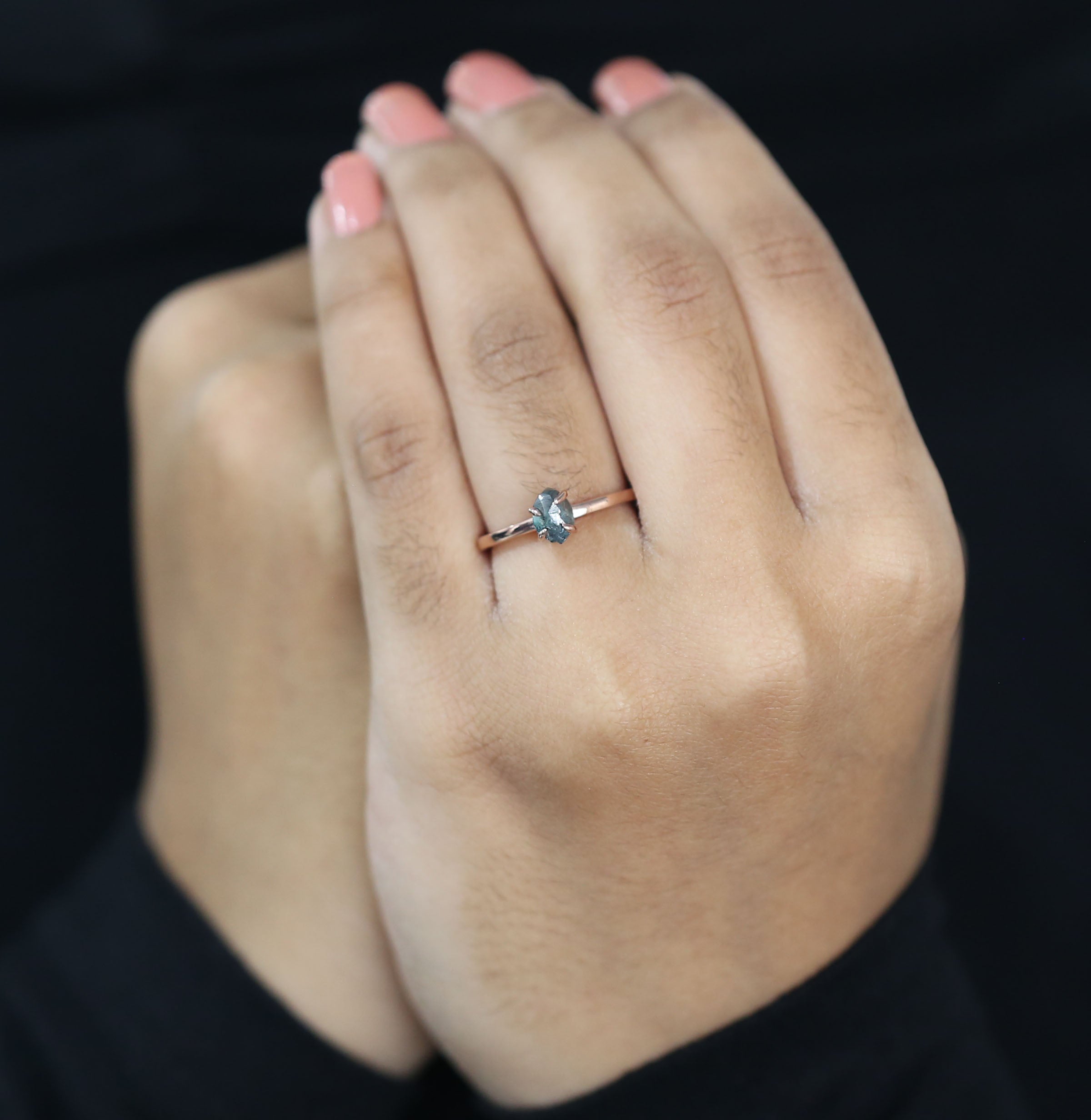 Rough Blue Color Diamond Ring 0.83 Ct 6.65 MM Crystal Rough Diamond Ring 14K Solid Rose Gold Silver Engagement Ring Gift For Her QL2224