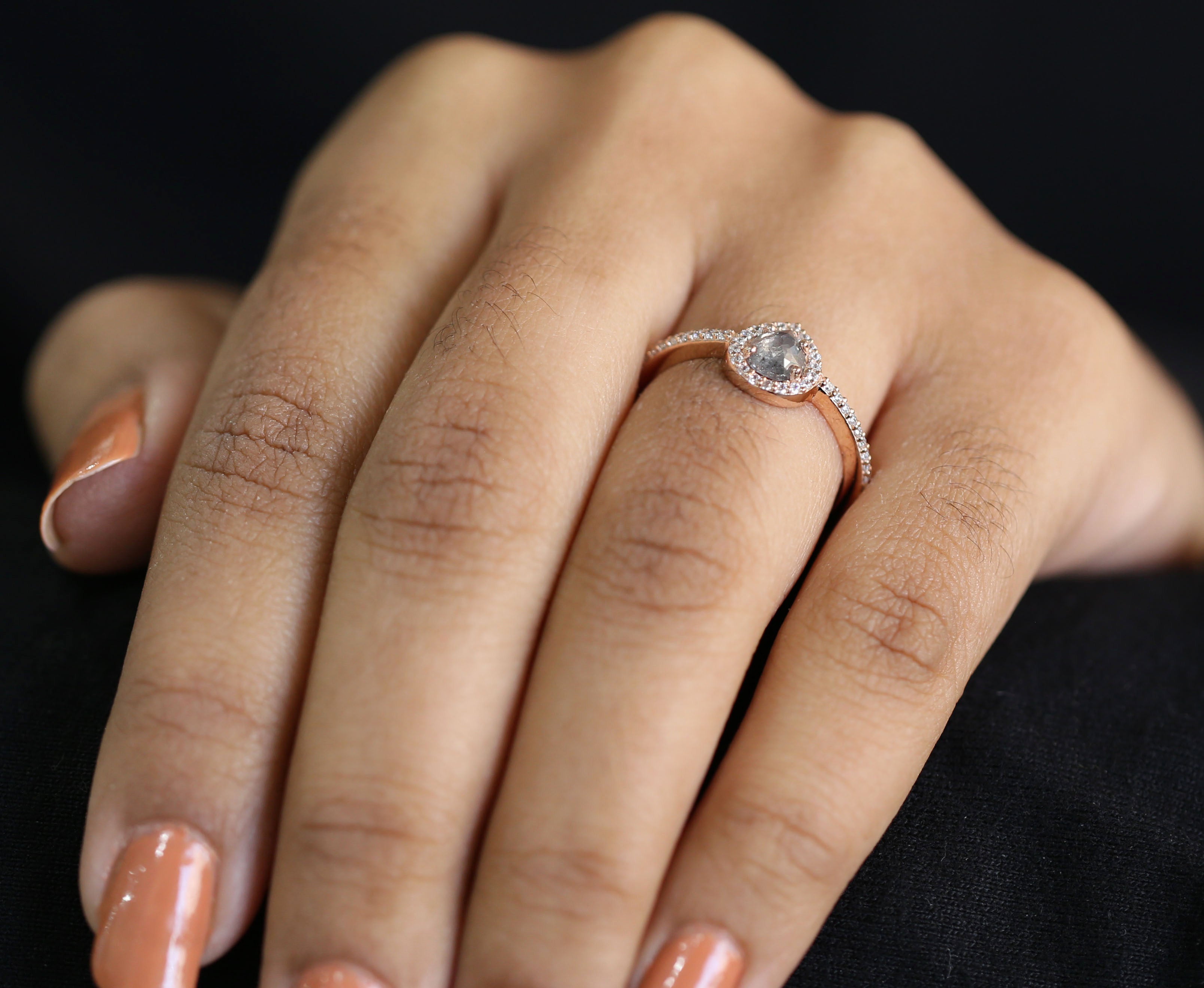 Pear Cut Salt And Pepper Diamond Ring 0.47 Ct 5.65 MM Pear Shape Diamond Ring 14K Solid Rose Gold Silver Engagement Ring Gift For Her QL3135