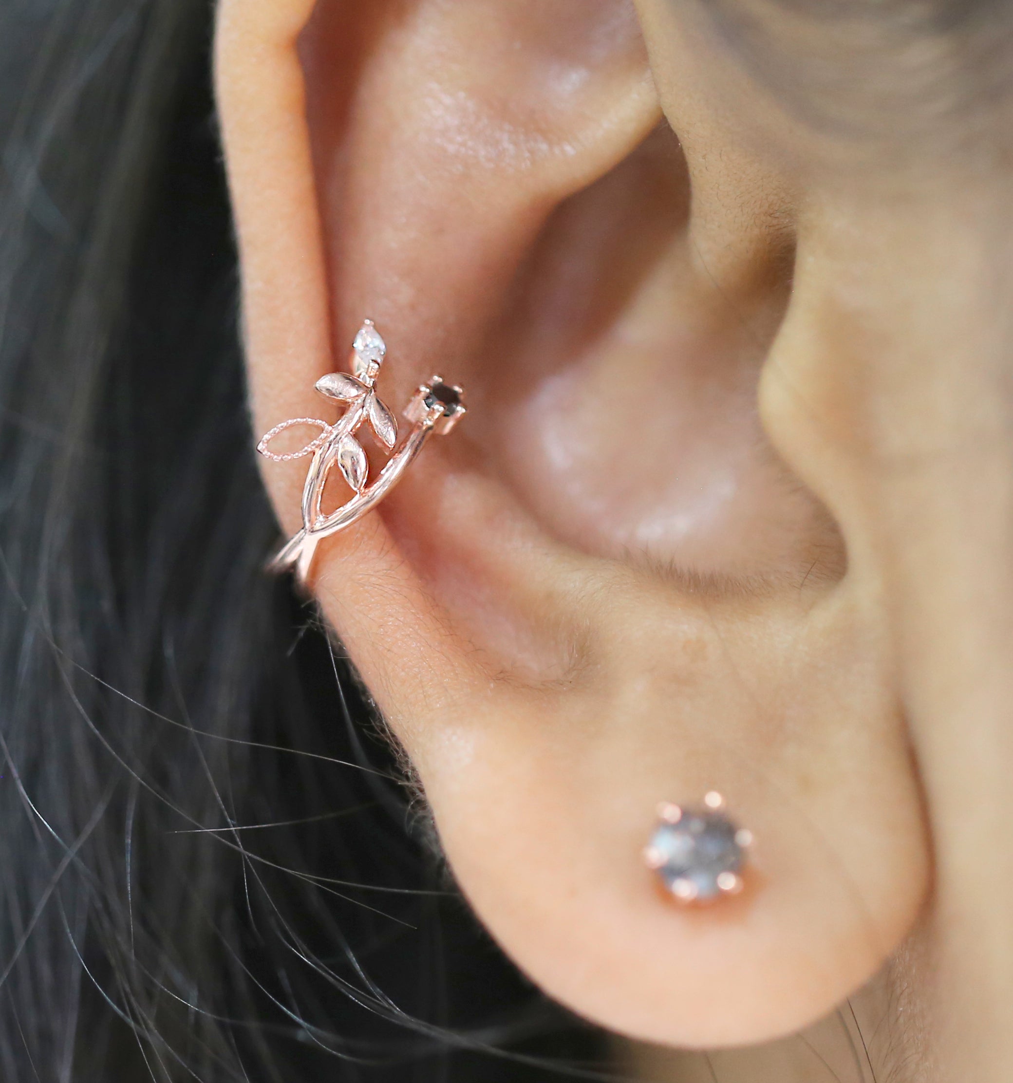 Natural Round / Marquise Diamond 14K Solid Rose White Yellow Gold Ear Cuff Ring Engagement Wedding Gift Ear Cuff KD1071