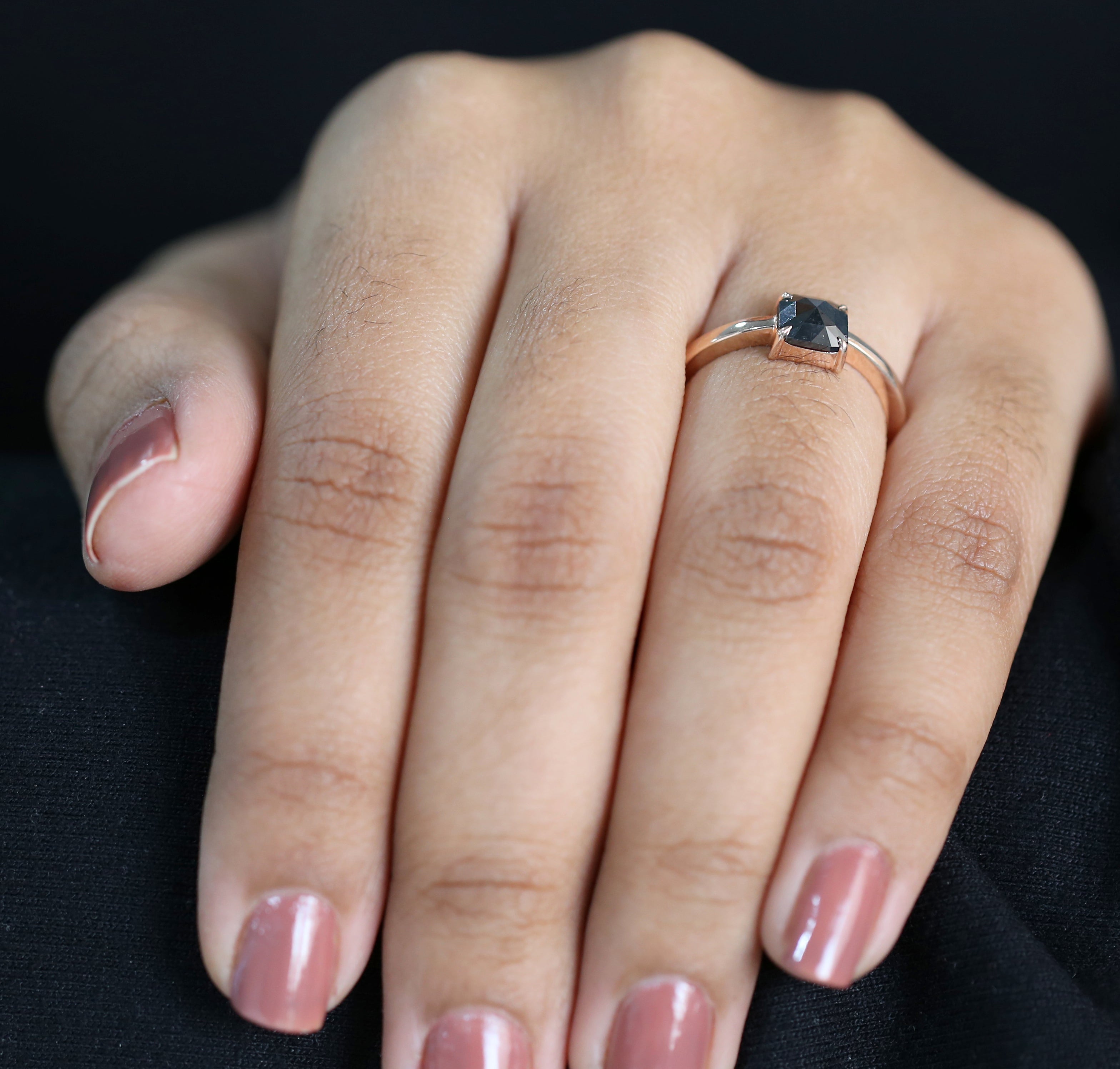 Cushion Shape Black Color Diamond Ring 0.88 Ct 5.99 MM Cushion Diamond Ring 14K Solid Rose Gold Silver Engagement Ring Gift For Her QL3140