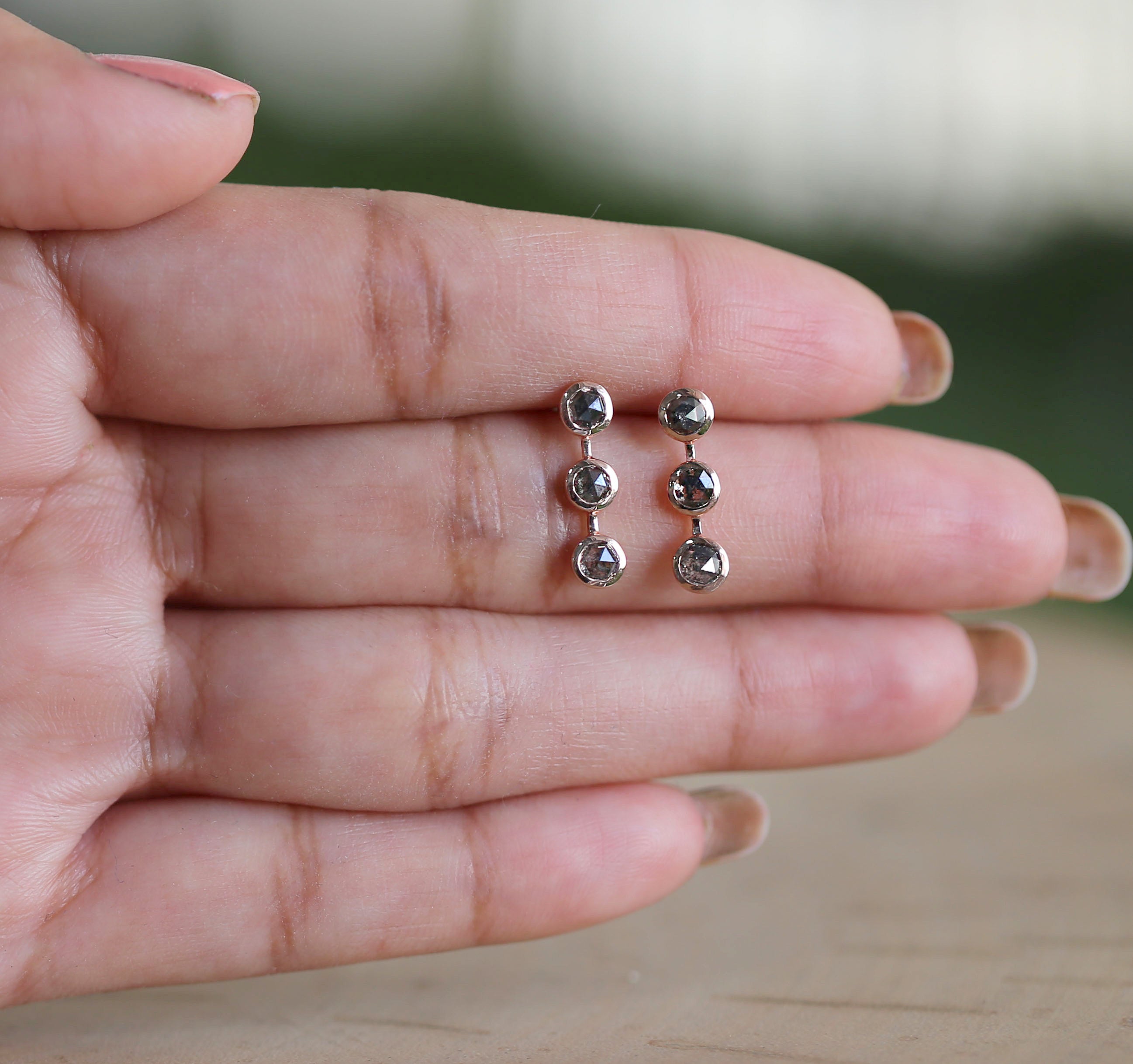 Round Rose Cut Salt and Pepper Diamond Earring Engagement Wedding Gift Earring 14K Solid Rose White Yellow Gold Earring 1.18 CT KD1052