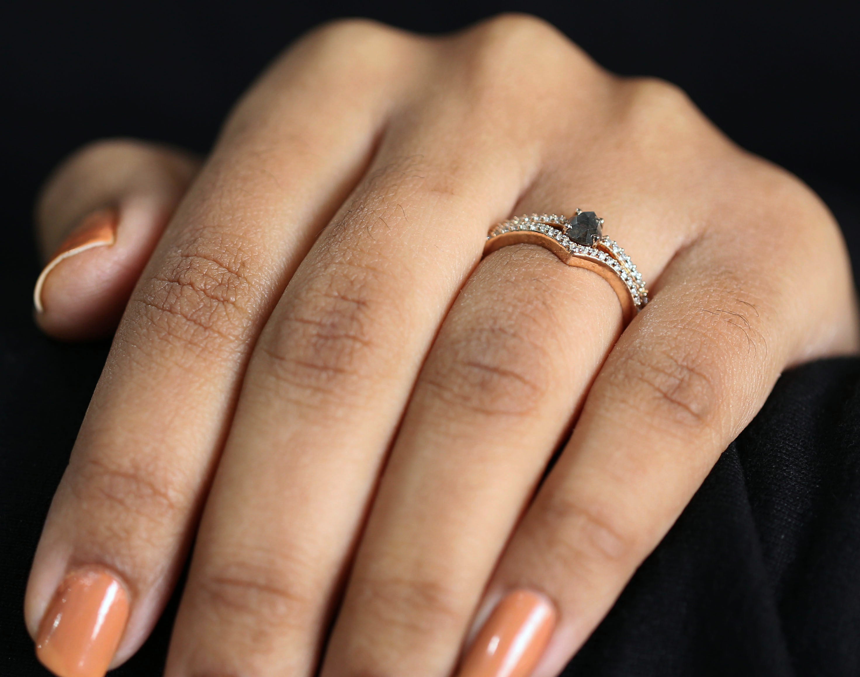 Pear Cut Salt And Pepper Diamond Ring 0.46 Ct 5.35 MM Pear Diamond Ring 14K Solid Rose Gold Silver Pear Engagement Ring Gift For Her QL3126