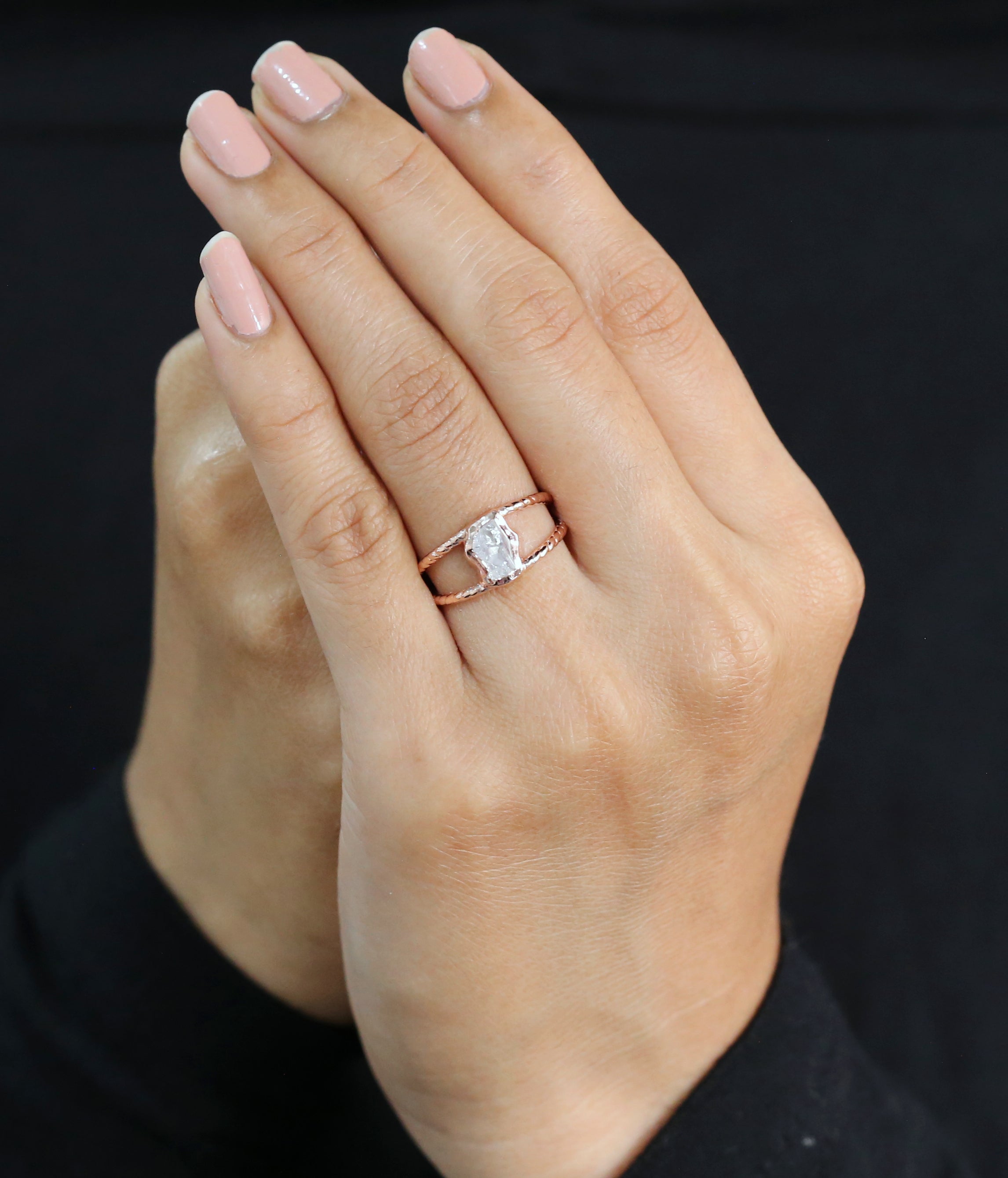 Rough White-F Color Diamond Ring 0.79 Ct 7.85 MM Crystal Rough Diamond Ring 14K Solid Rose Gold Silver Engagement Ring Gift For Her QN503