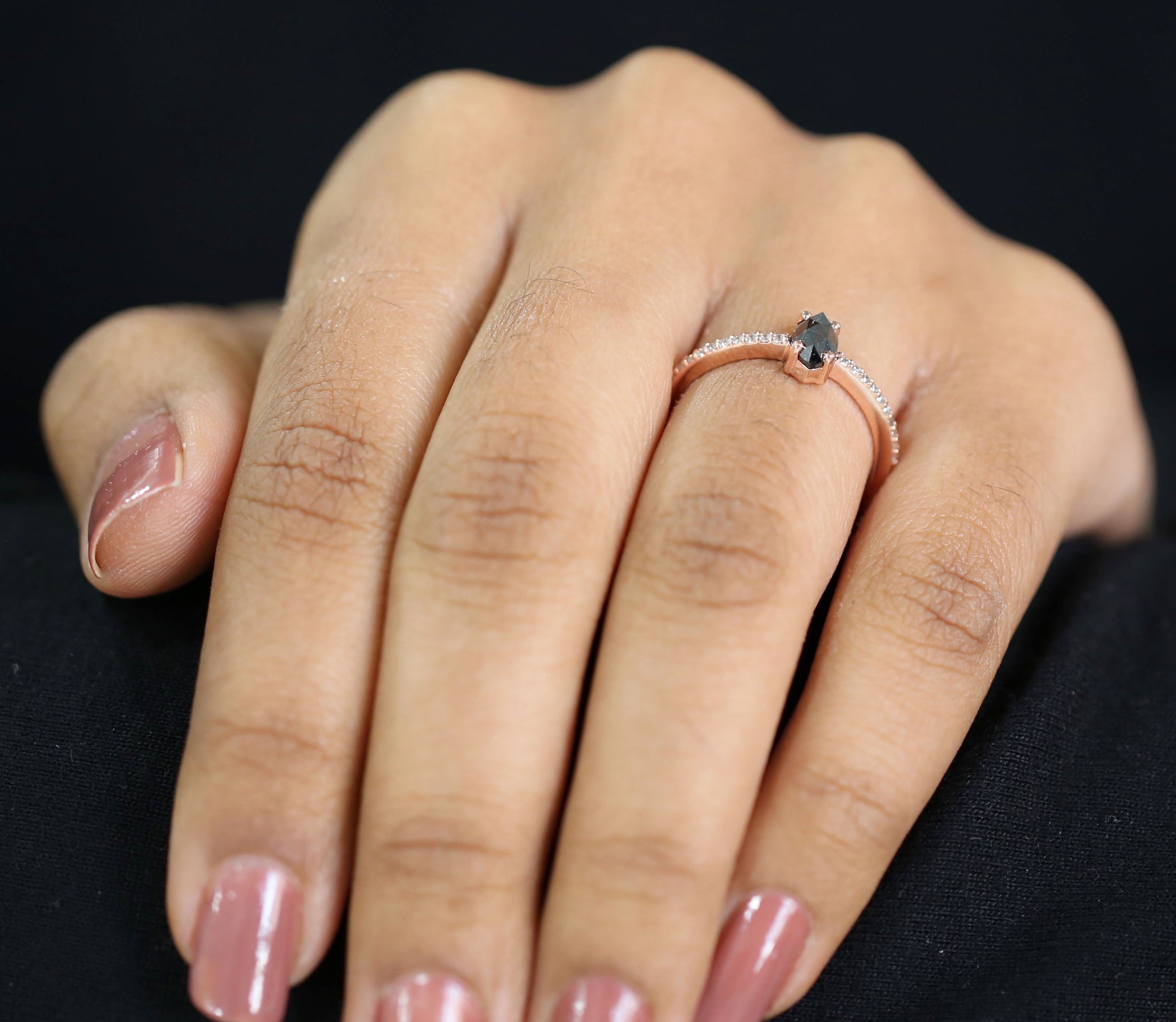 Marquise Salt And Pepper Diamond Ring 0.61 Ct 6.95 MM Marquise Diamond Ring 14K Solid Rose Gold Silver Engagement Ring Gift For Her QL3137