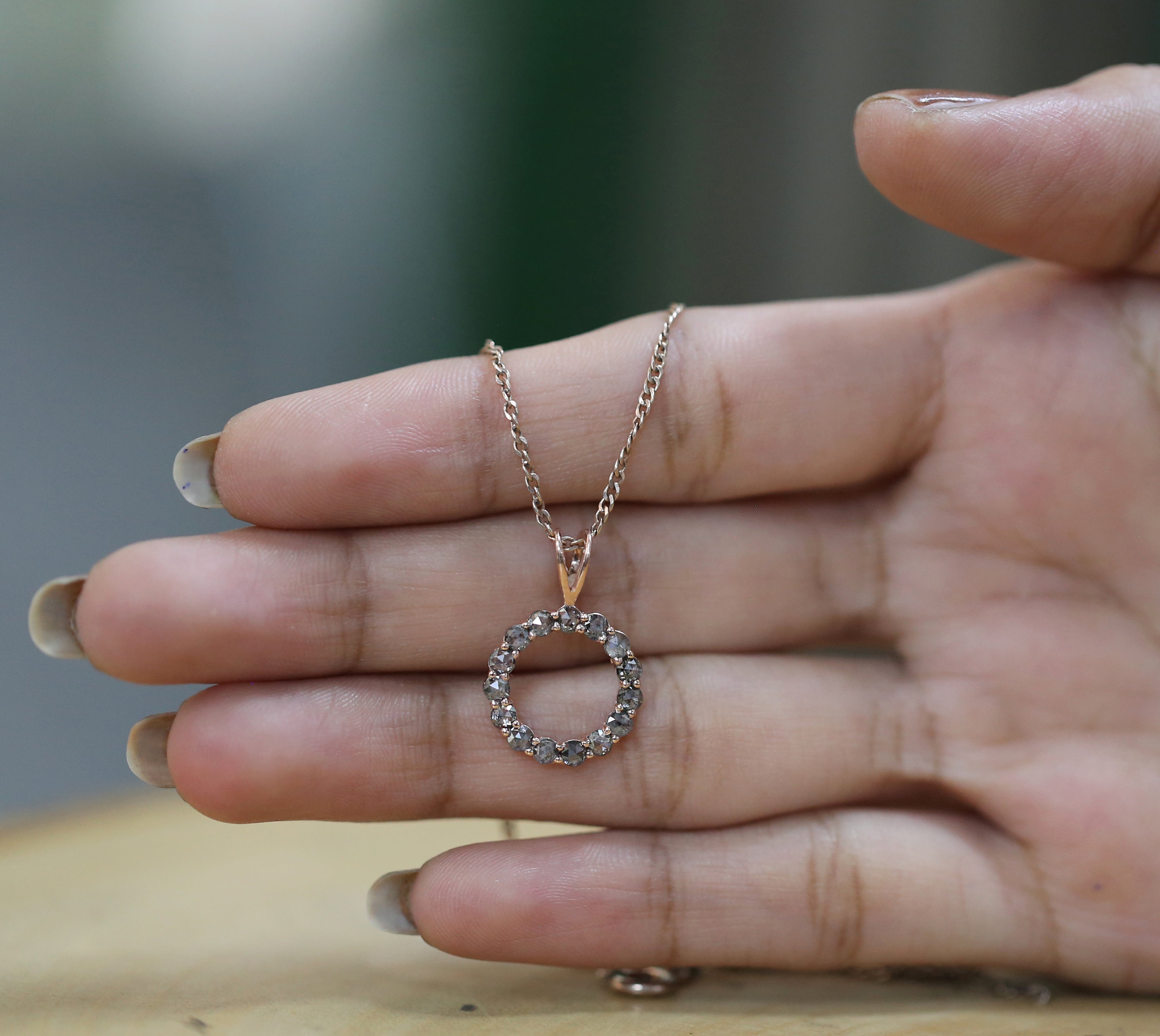 0.86 Ct Natural Round Rose Cut Salt And Pepper Diamond Pendant 2.00 MM Round Cut Diamond Pendant 14K Rose Gold Silver Engagement KD1215