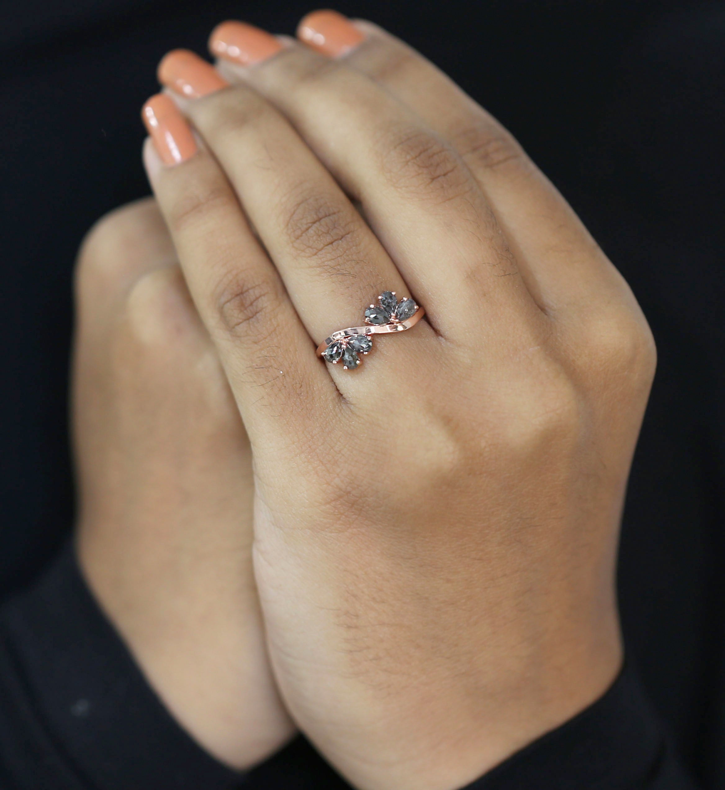 Pear Cut Salt And Pepper Diamond Ring 0.82 Ct 4.55 MM Pear Diamond Ring 14K Solid Rose Gold Silver Pear Engagement Ring Gift For Her QLB1311