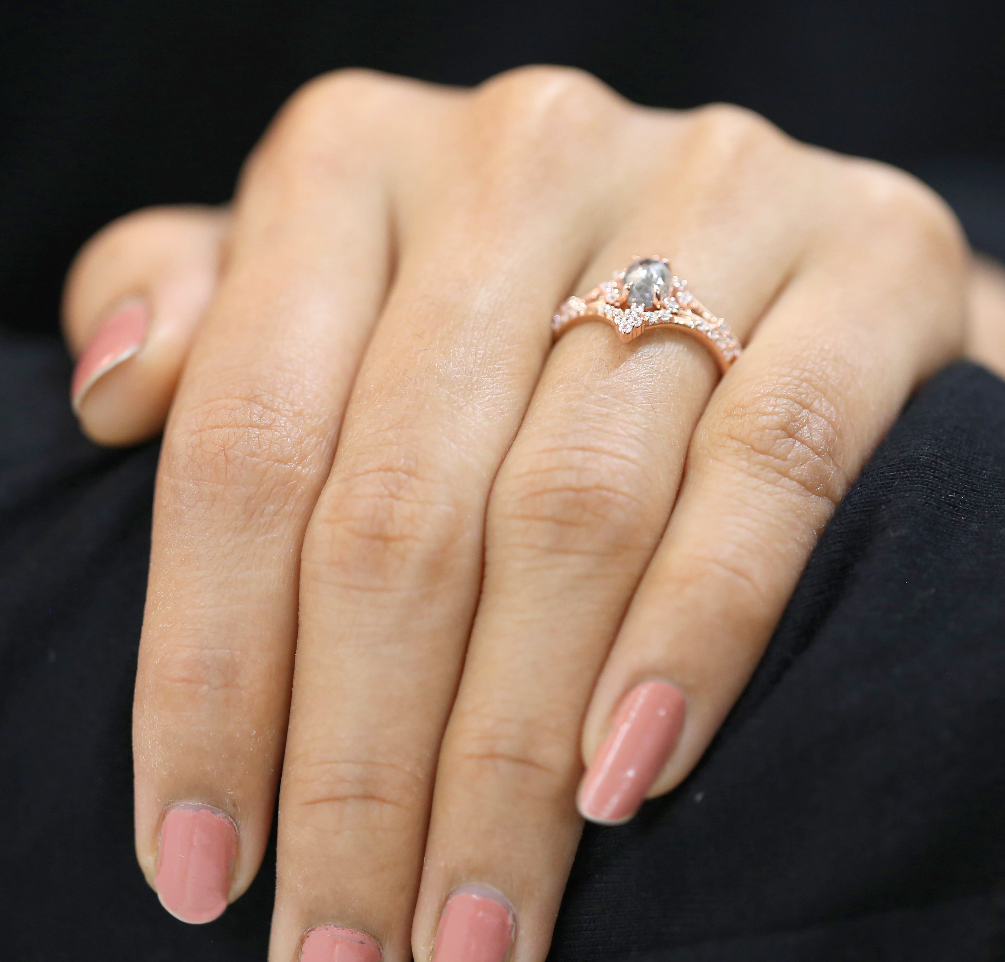 Oval Cut Salt And Pepper Diamond Ring 0.73 Ct 6.15 MM Oval Diamond Ring 14K Solid Rose Gold Silver Oval Engagement Ring Gift For Her QL3093