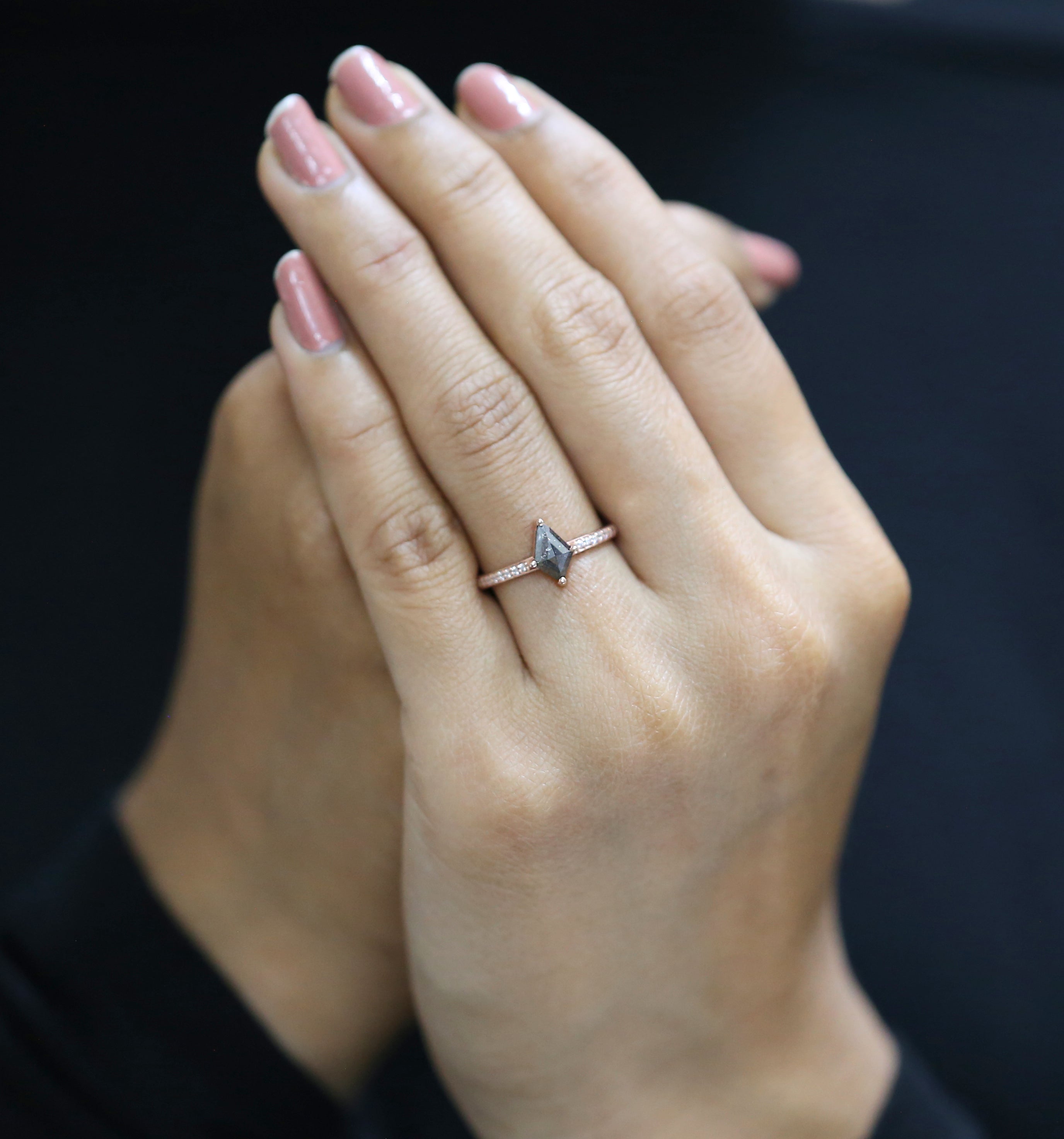 Kite Cut Salt And Pepper Diamond Ring 0.77 Ct 8.15 MM Kite Diamond Ring 14K Solid Rose Gold Silver Kite Engagement Ring Gift For Her QN2521