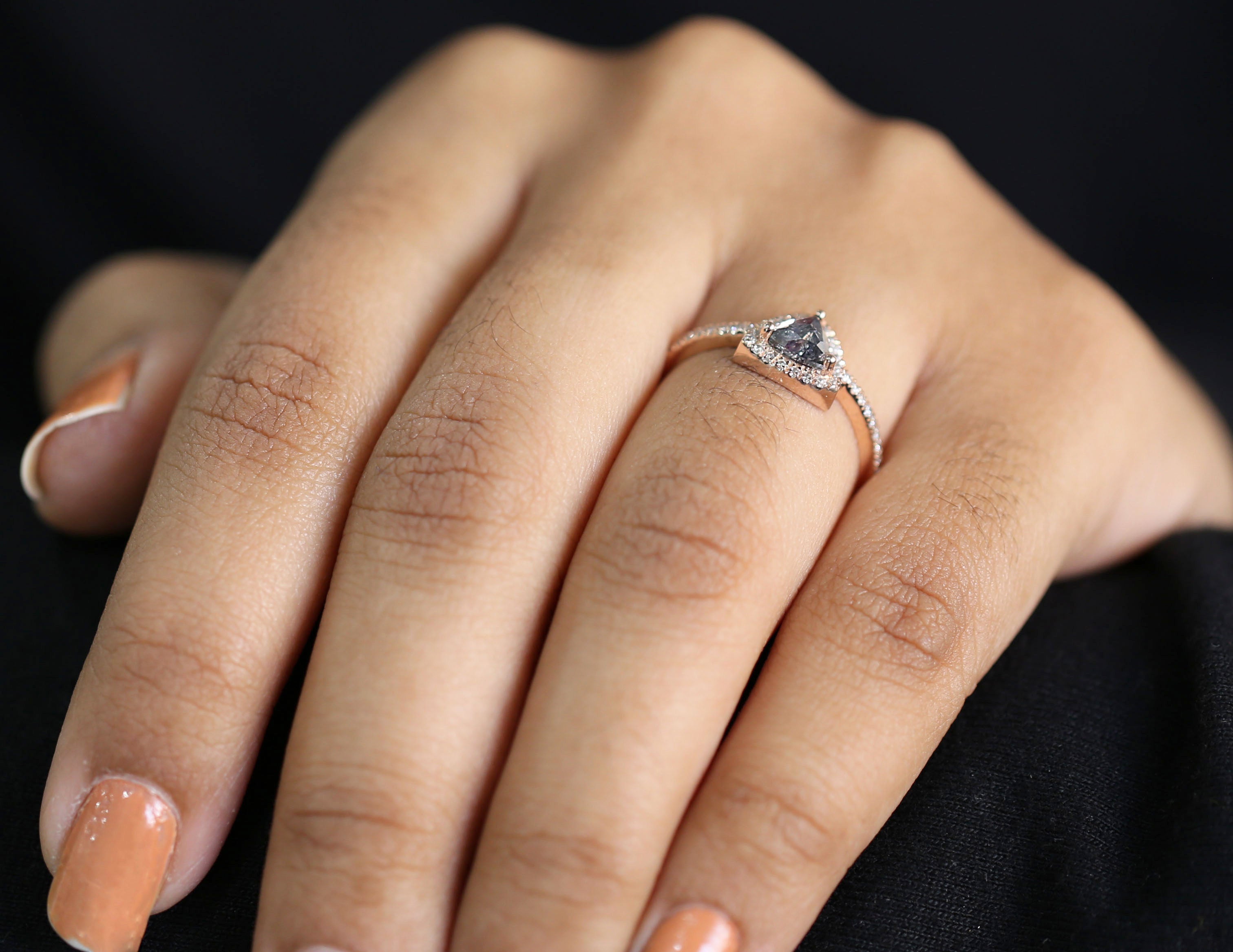 Triangle Salt And Pepper Diamond Ring 0.60 Ct 5.15 MM Triangle Diamond Ring 14K Solid Rose Gold Silver Engagement Ring Gift For Her QL3130