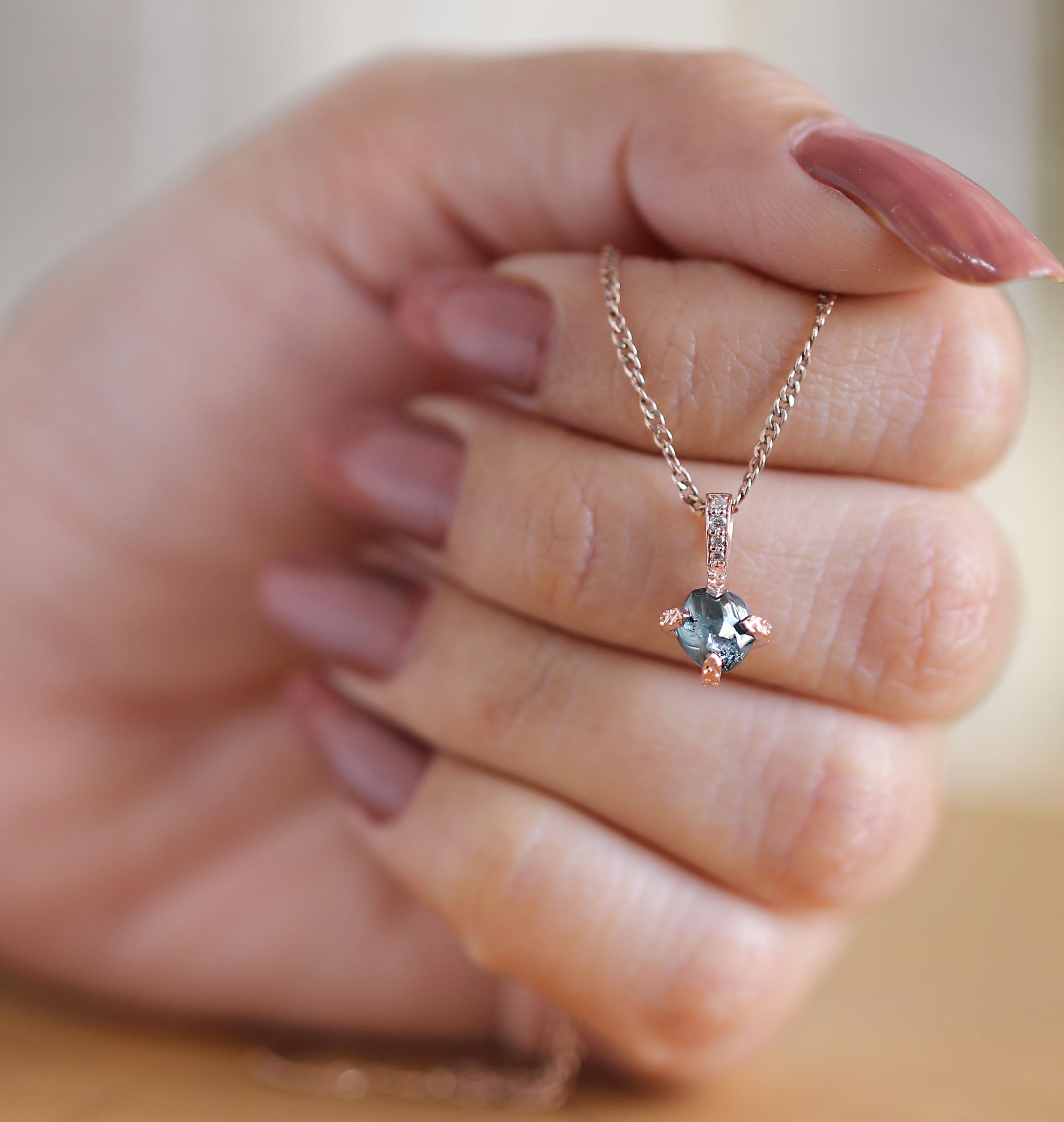 Rough Blue Color Diamond Pendant 1.36 Ct 6.31 MM Uncut Diamond Pendant 14K Solid Rose Gold Silver Engagement Pendant Gift For Her QL2343