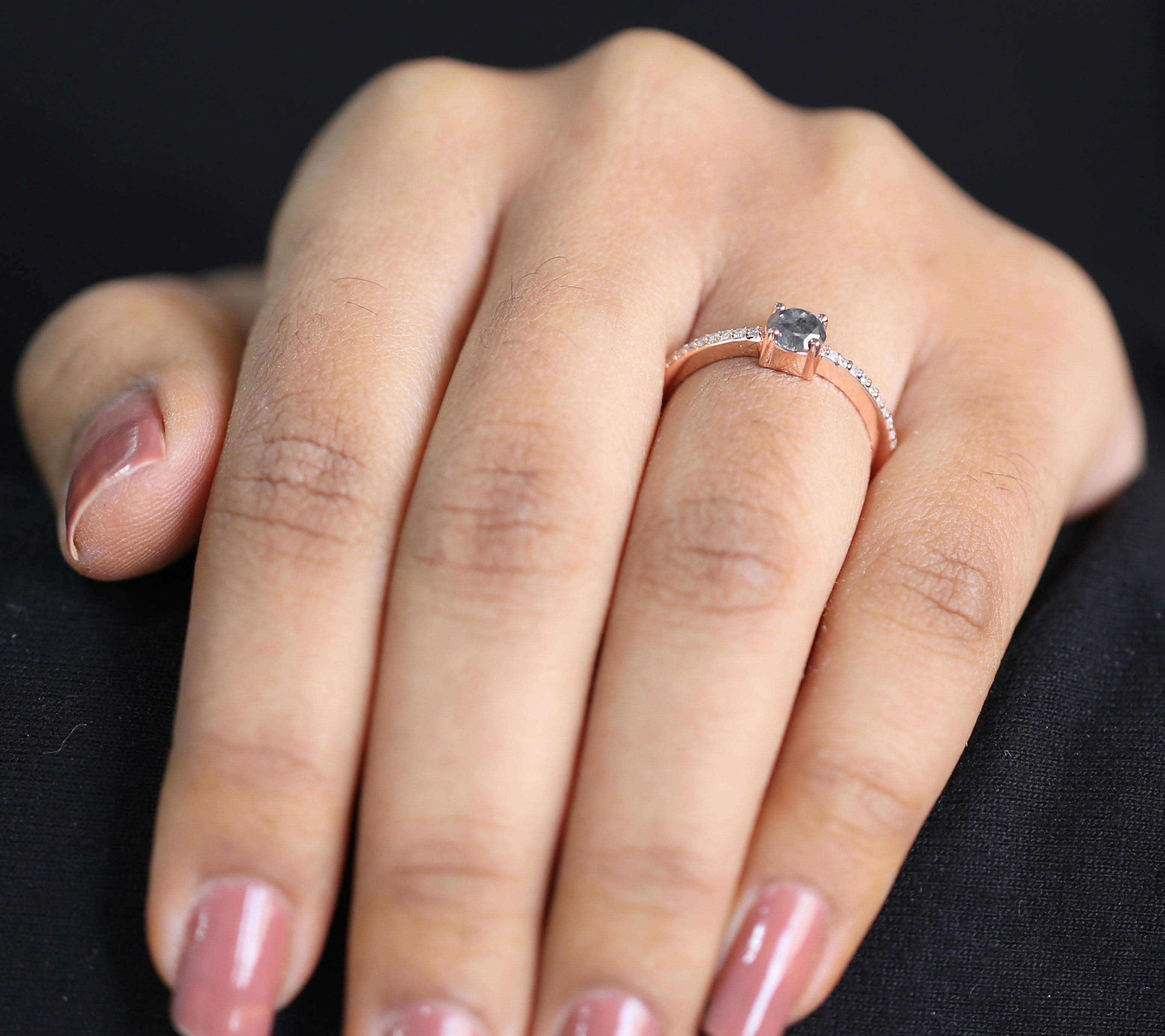 Round Cut Salt And Pepper Diamond Ring 0.58 Ct 4.95MM Round Diamond Ring 14K Solid Rose Gold Silver Engagement Ring Gift For Her QL7918