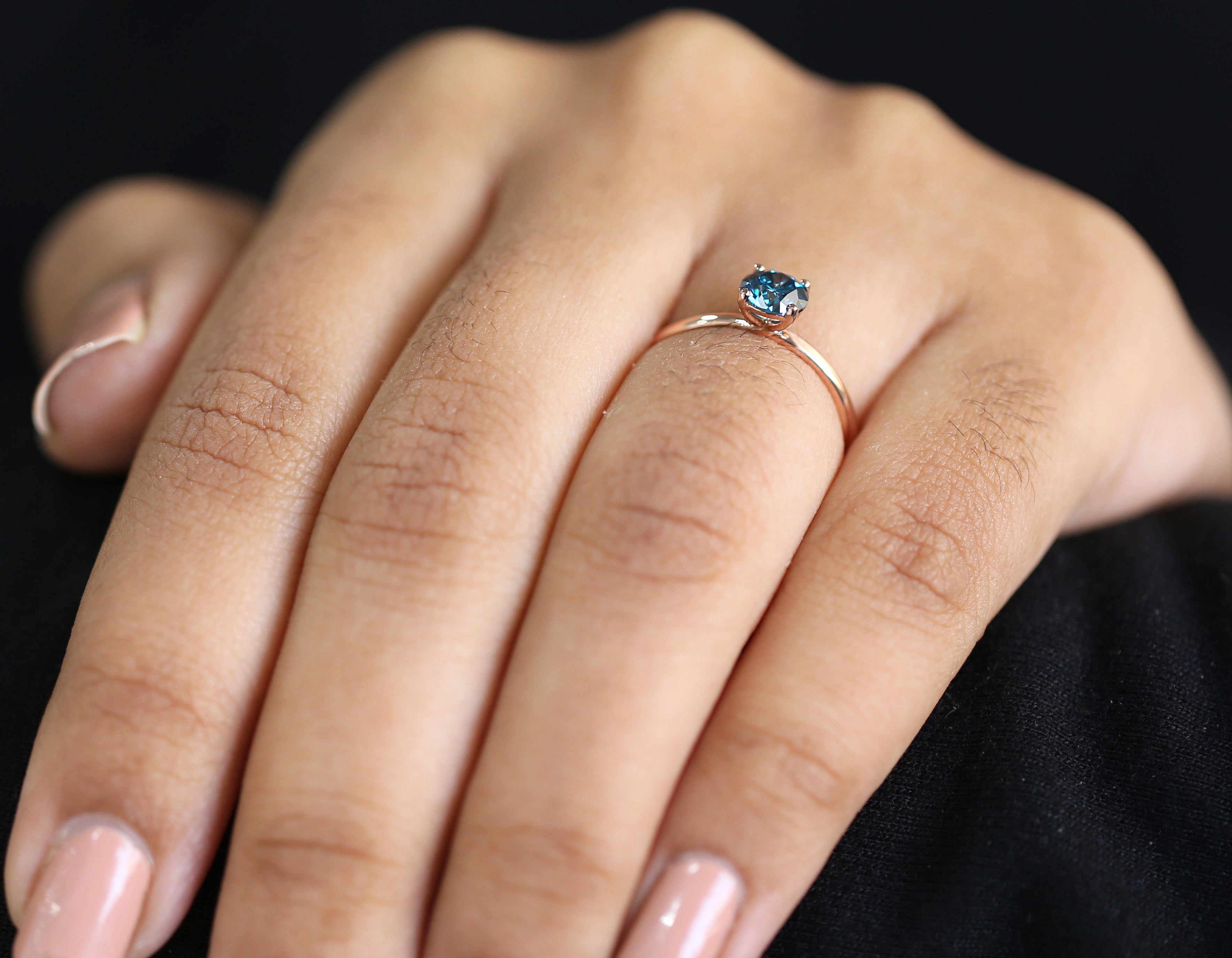 0.56 Ct Natural Round Shape Blue Color Diamond Ring 5.20 MM Round Cut Diamond Ring 14K Solid Rose Gold Silver Engagement Ring QL1793