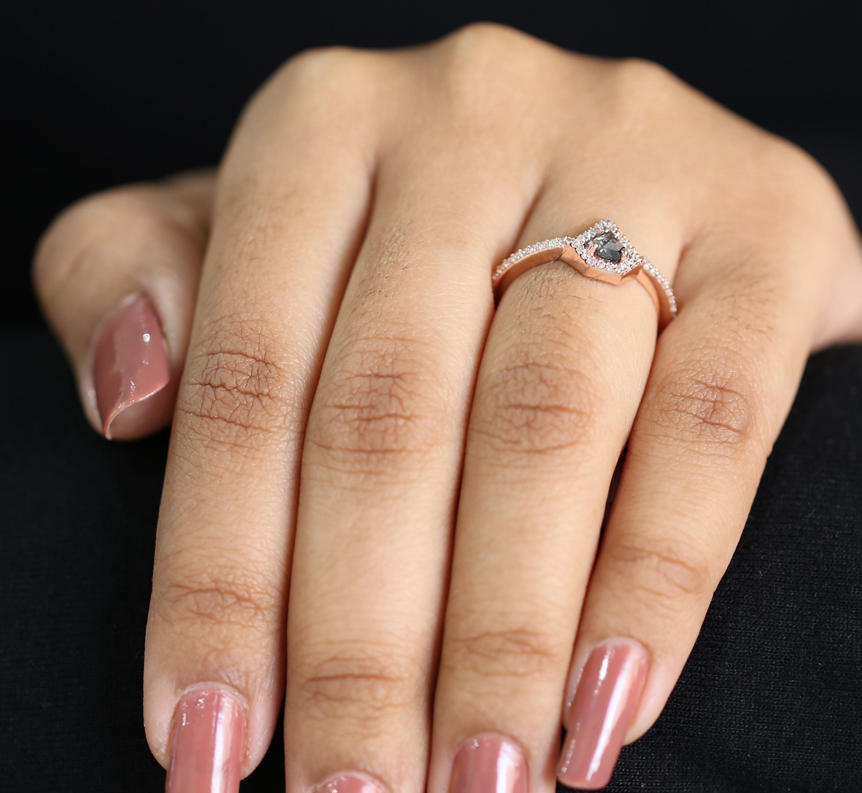 Shield Salt And Pepper Diamond Ring 0.32 Ct 4.60 MM Shield Shape Diamond Ring 14K Solid Rose Gold Silver Engagement Ring Gift For Her QN2532