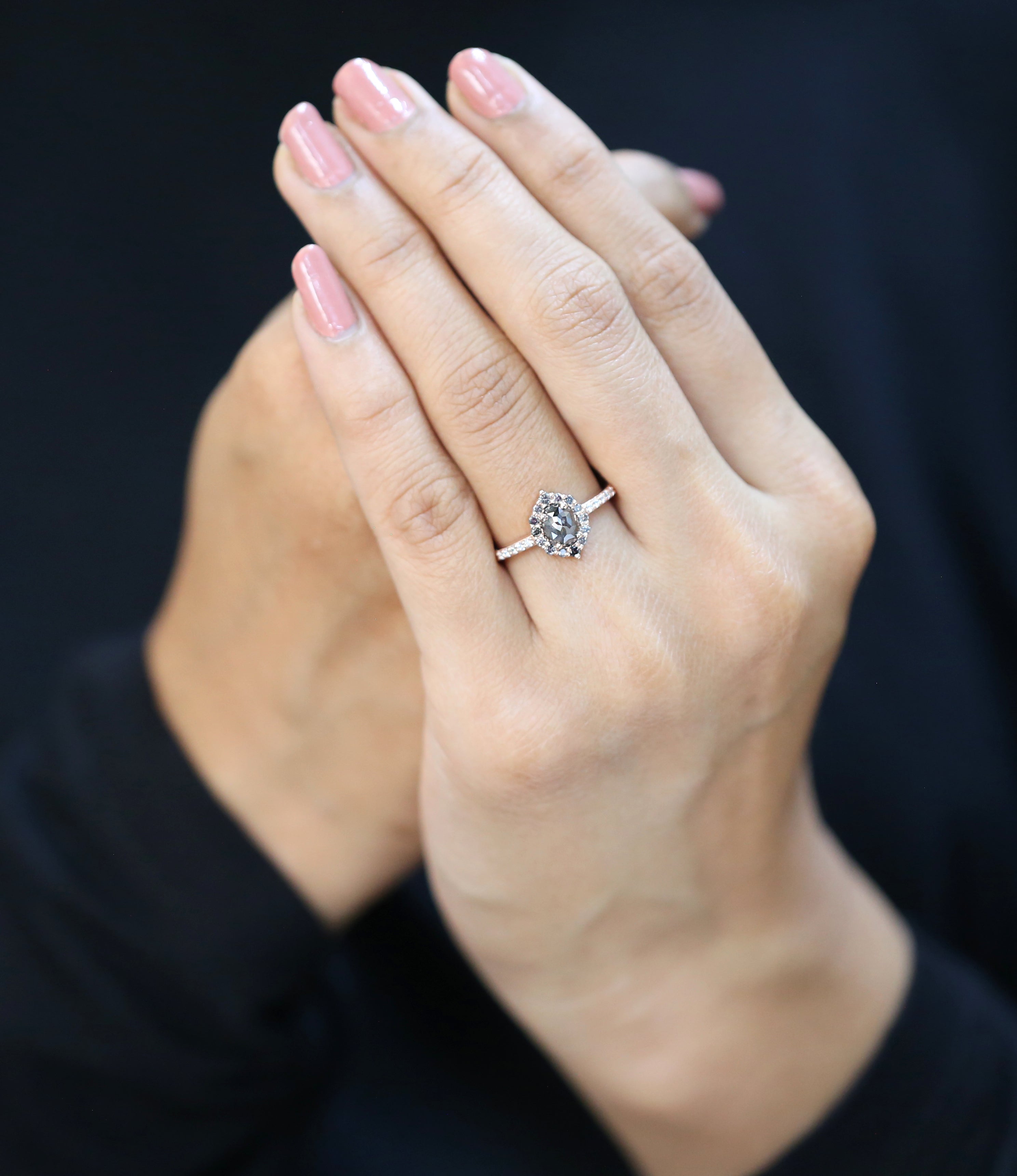 Oval Cut Salt And Pepper Diamond Ring 0.93 Ct 6.05 MM Oval Shape Diamond Ring 14K Solid Rose Gold Silver Engagement Ring Gift For Her QN2522