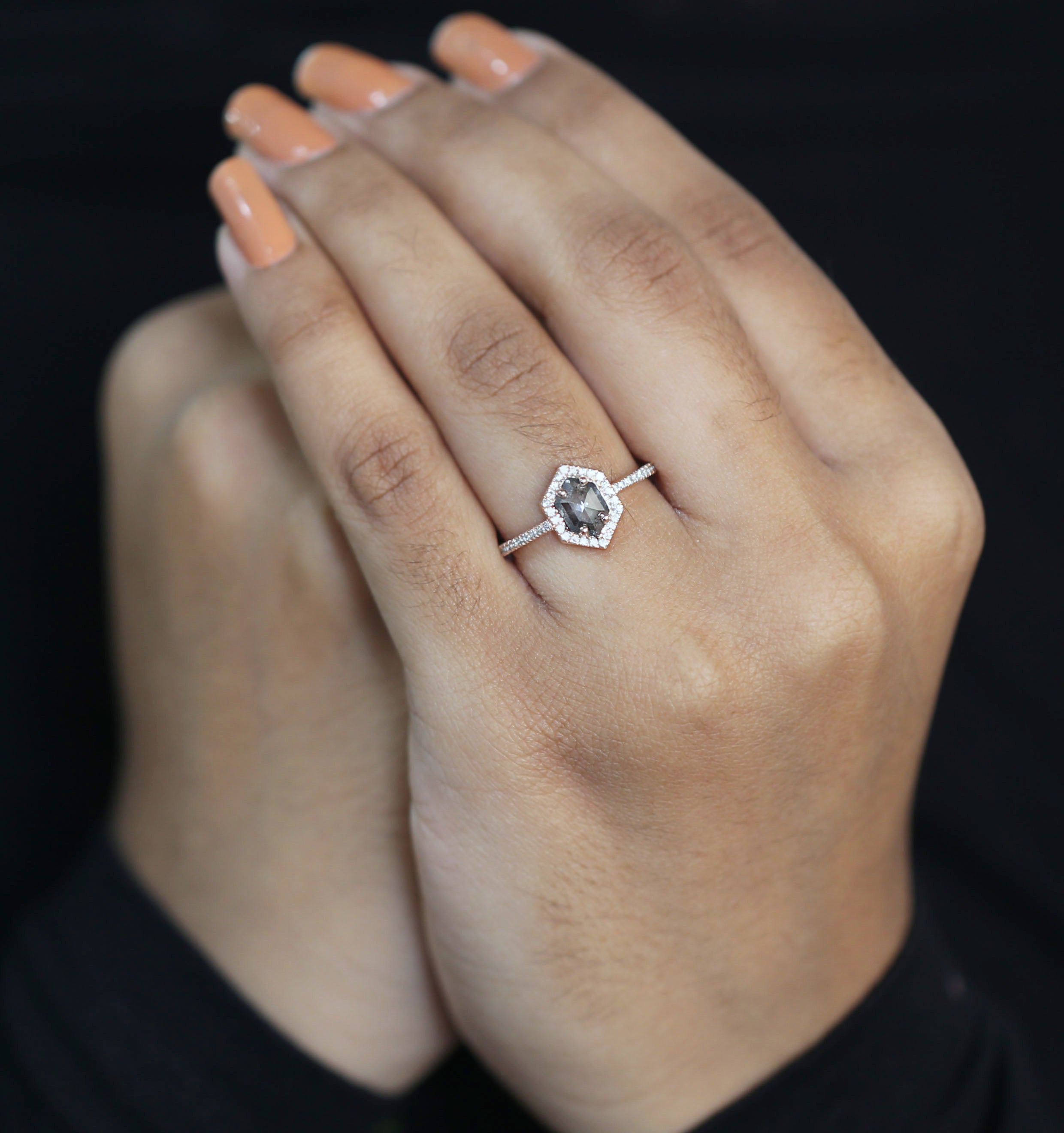 Hexagon Cut Salt And Pepper Diamond Ring 0.45 Ct 7.15 MM Hexagon Diamond Ring 14K Solid Rose Gold Silver Engagement Ring Gift For Her QL3132