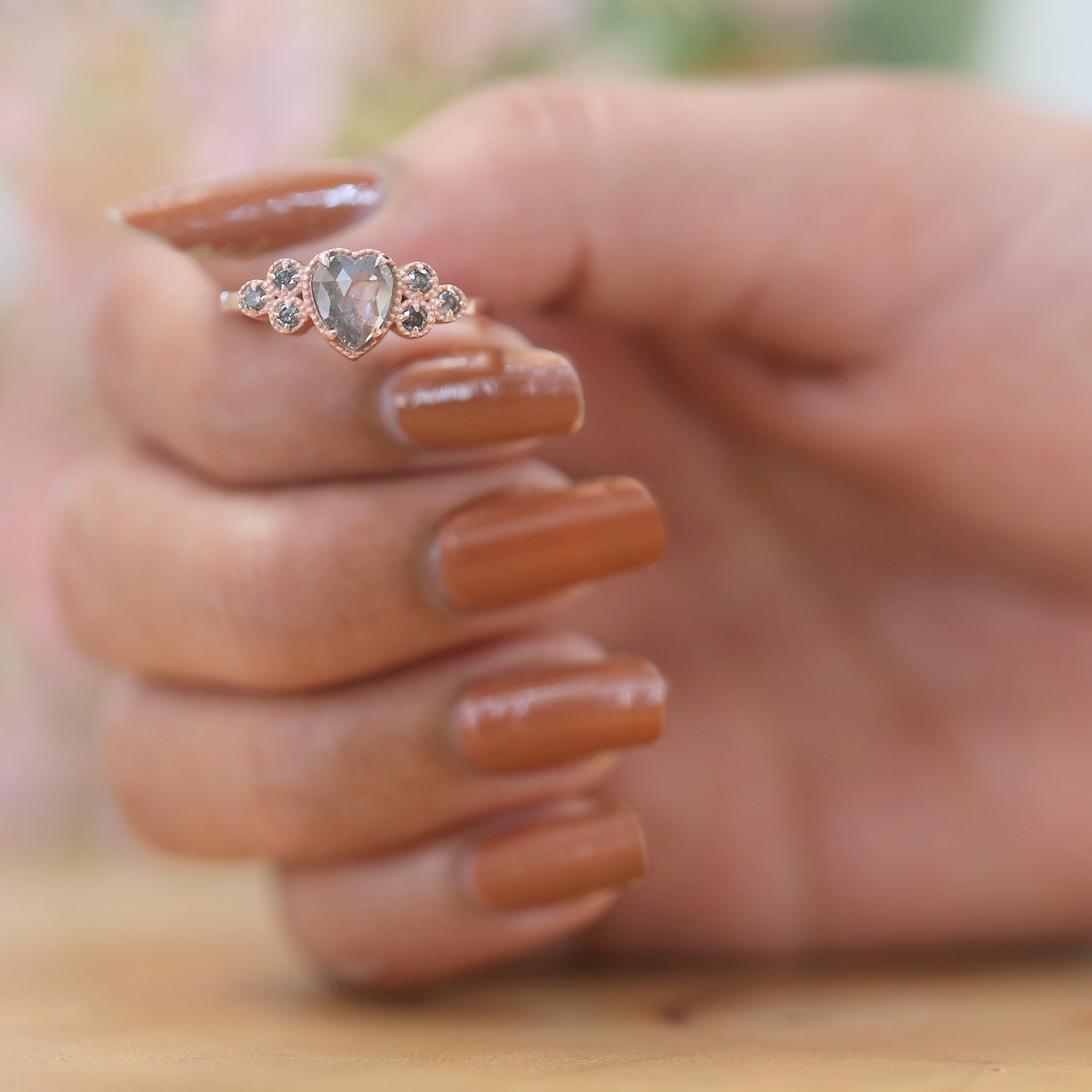 Heart Salt And Pepper Diamond Ring 0.65 Ct 6.65 MM Heart Shape Diamond Ring 14K Solid Rose Gold Silver Engagement Ring Gift For Her QL1627