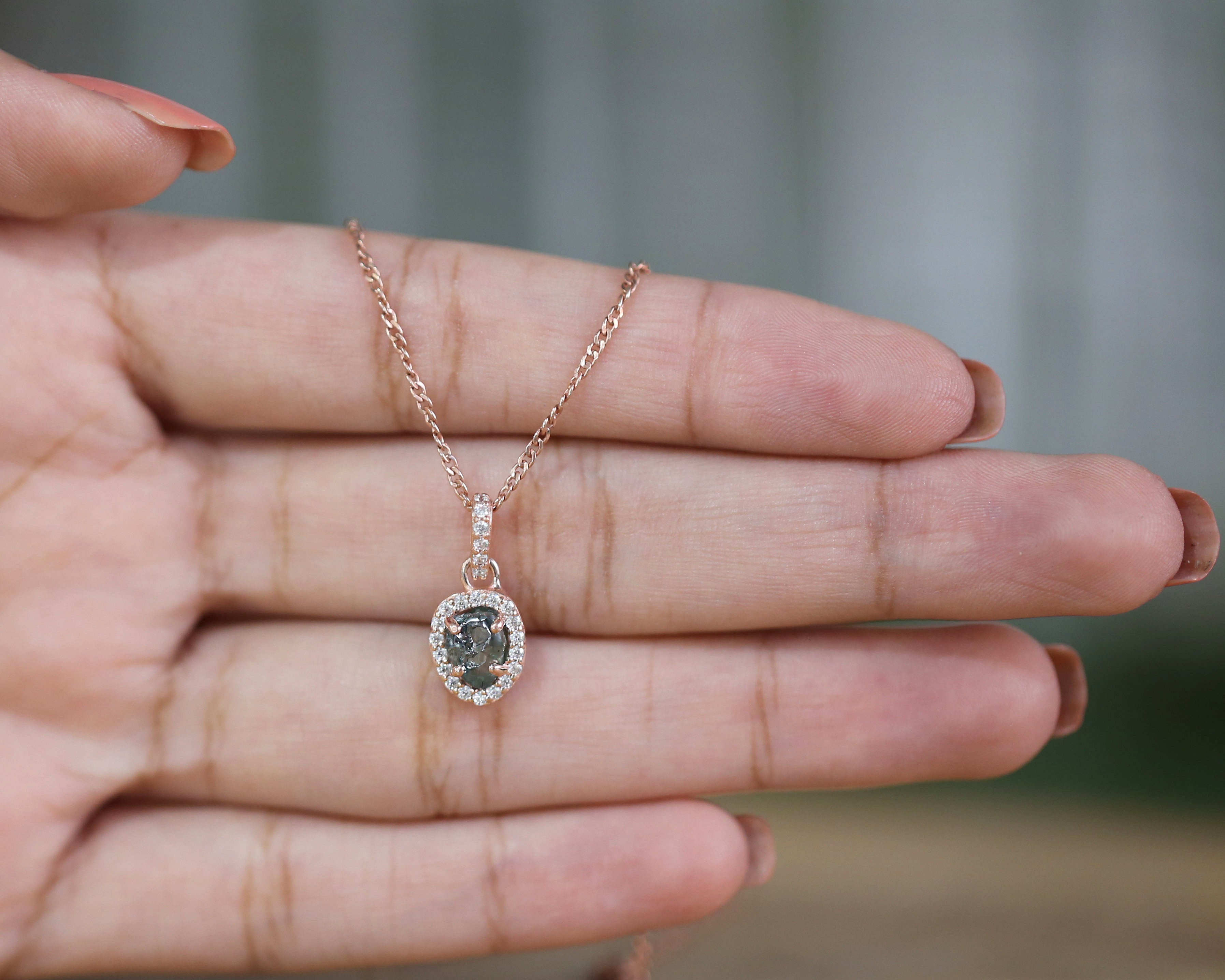 Rough Blue Color Diamond Pendant 1.04 Ct 6.61 MM Uncut Diamond Pendant 14K Solid Rose Gold Silver Engagement Pendant Gift For Her QL2256