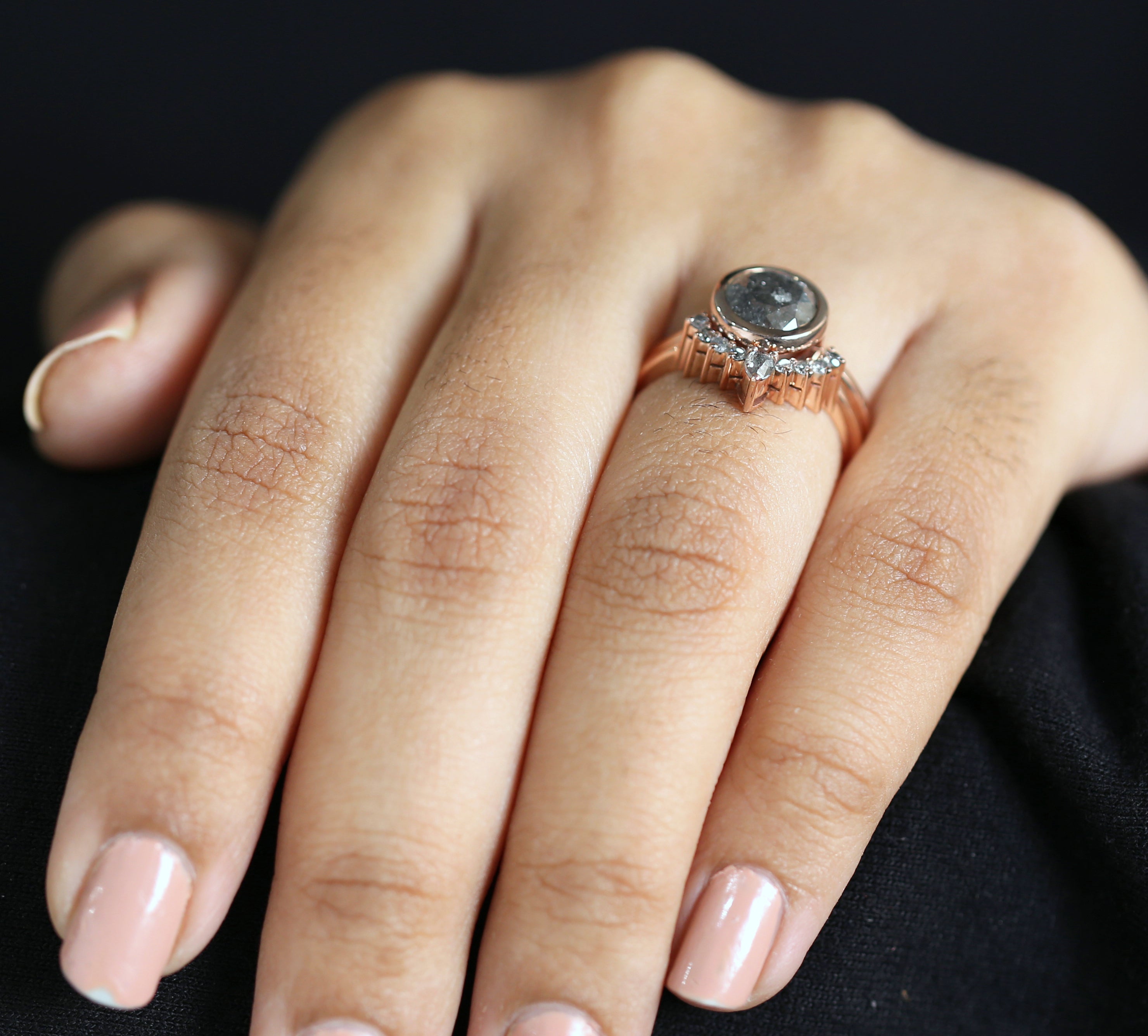 Round Cut Salt And Pepper Diamond Ring 1.96 Ct 7.49 MM Round Diamond Ring 14K Solid Rose Gold Silver Engagement Ring Gift For Her QL8077