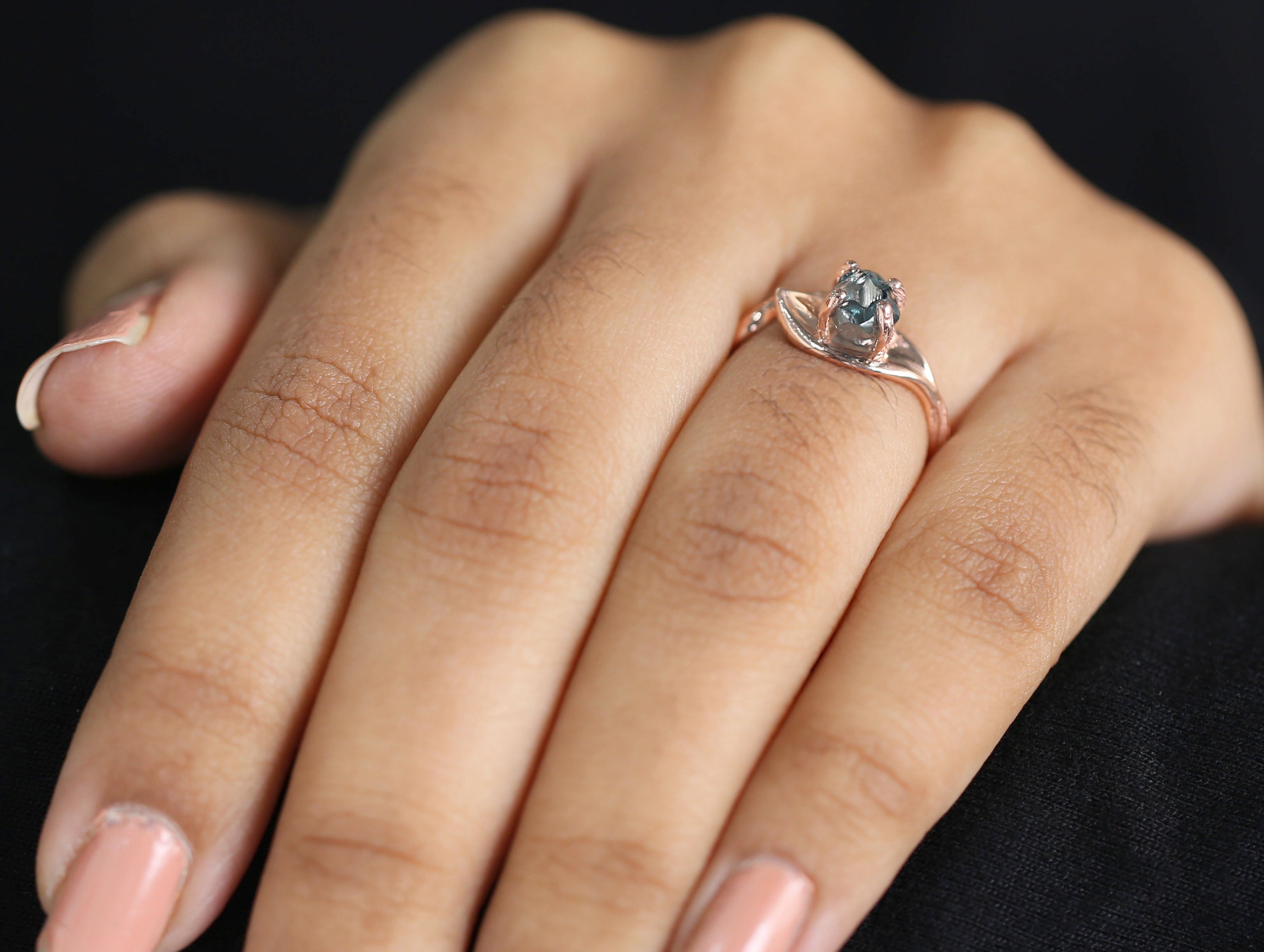 Rough Blue Color Diamond Ring 1.30 Ct 6.12 MM Crystal Rough Diamond Ring 14K Solid Rose Gold Silver Engagement Ring Gift For Her QL2277