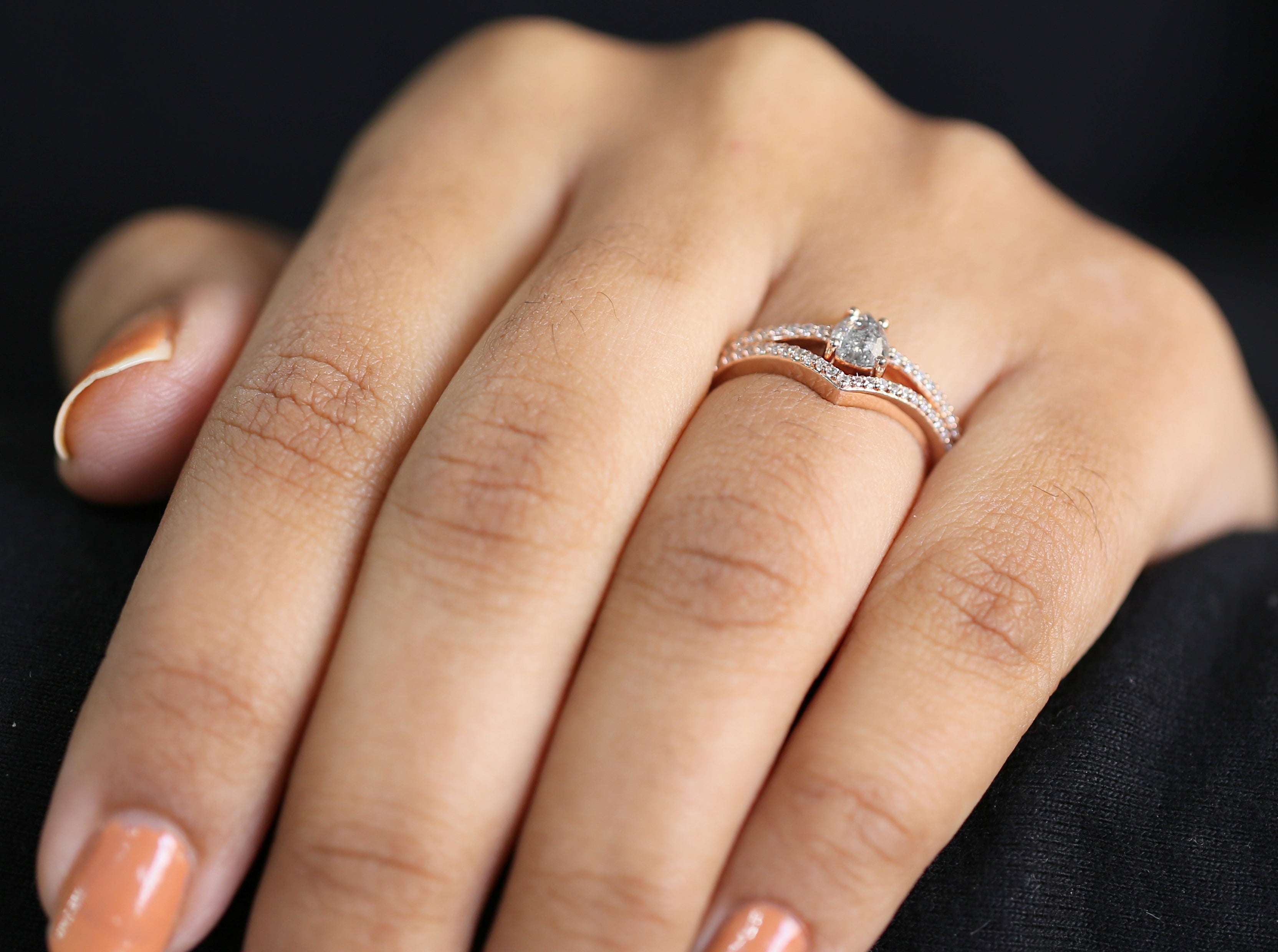 Pear Cut Salt And Pepper Diamond Ring 0.34 Ct 5.80 MM Pear Diamond Ring 14K Solid Rose Gold Silver Pear Engagement Ring Gift For Her QL3127