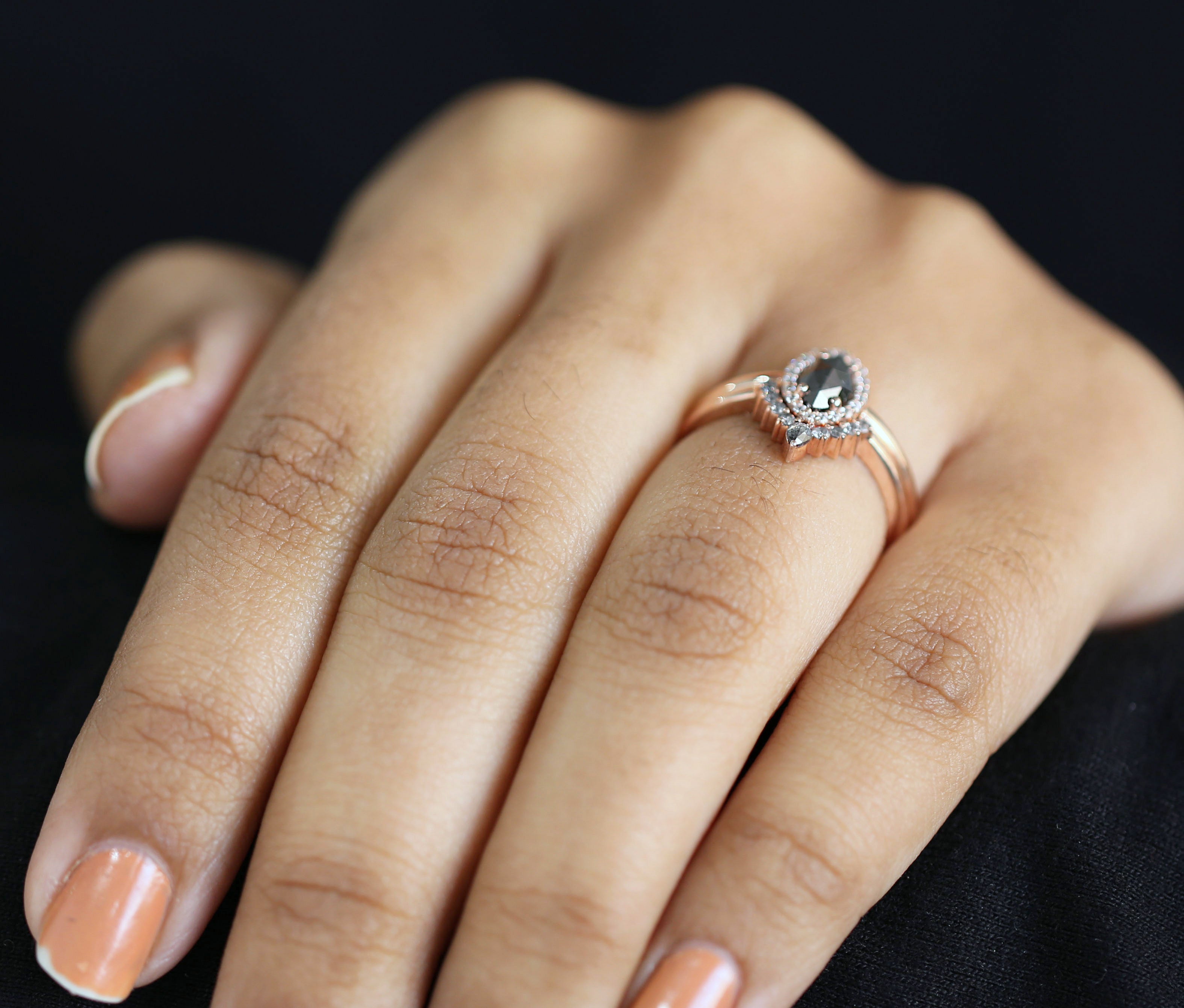 Marquise Cut Salt And Pepper Diamond Ring 0.55 Ct 7.50 MM Marquise Diamond Ring 14K Rose Gold Silver Engagement Ring Gift For Her QL3120